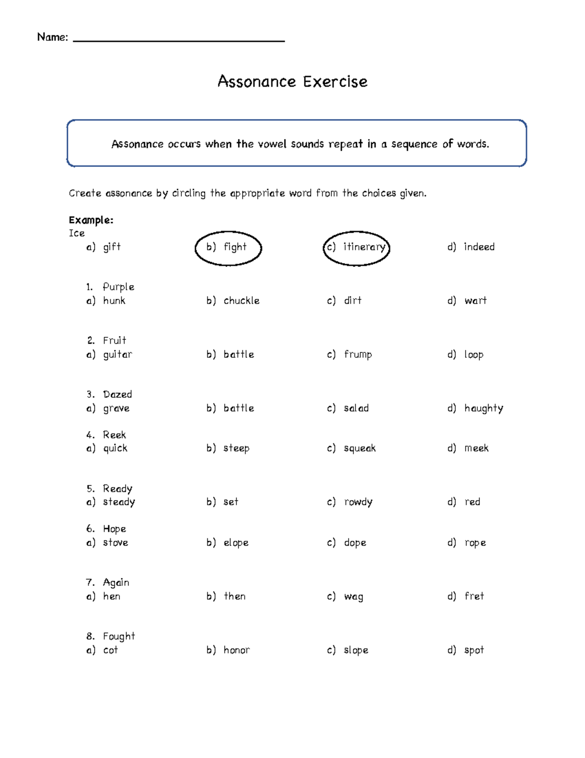 Grade 8 Literacy Assonance Worksheet PDF Assonance Exercise Create