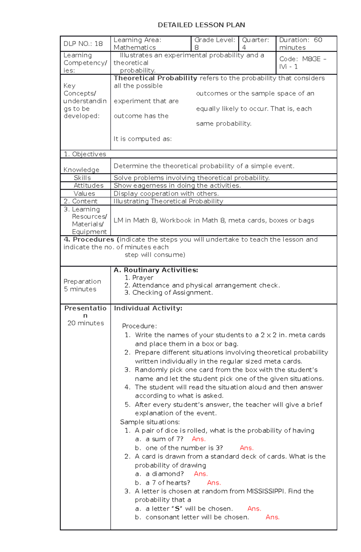 Dlp18 math8q4 - DLP MAPEH 8 - DETAILED LESSON PLAN DLP NO.: 18 Learning ...