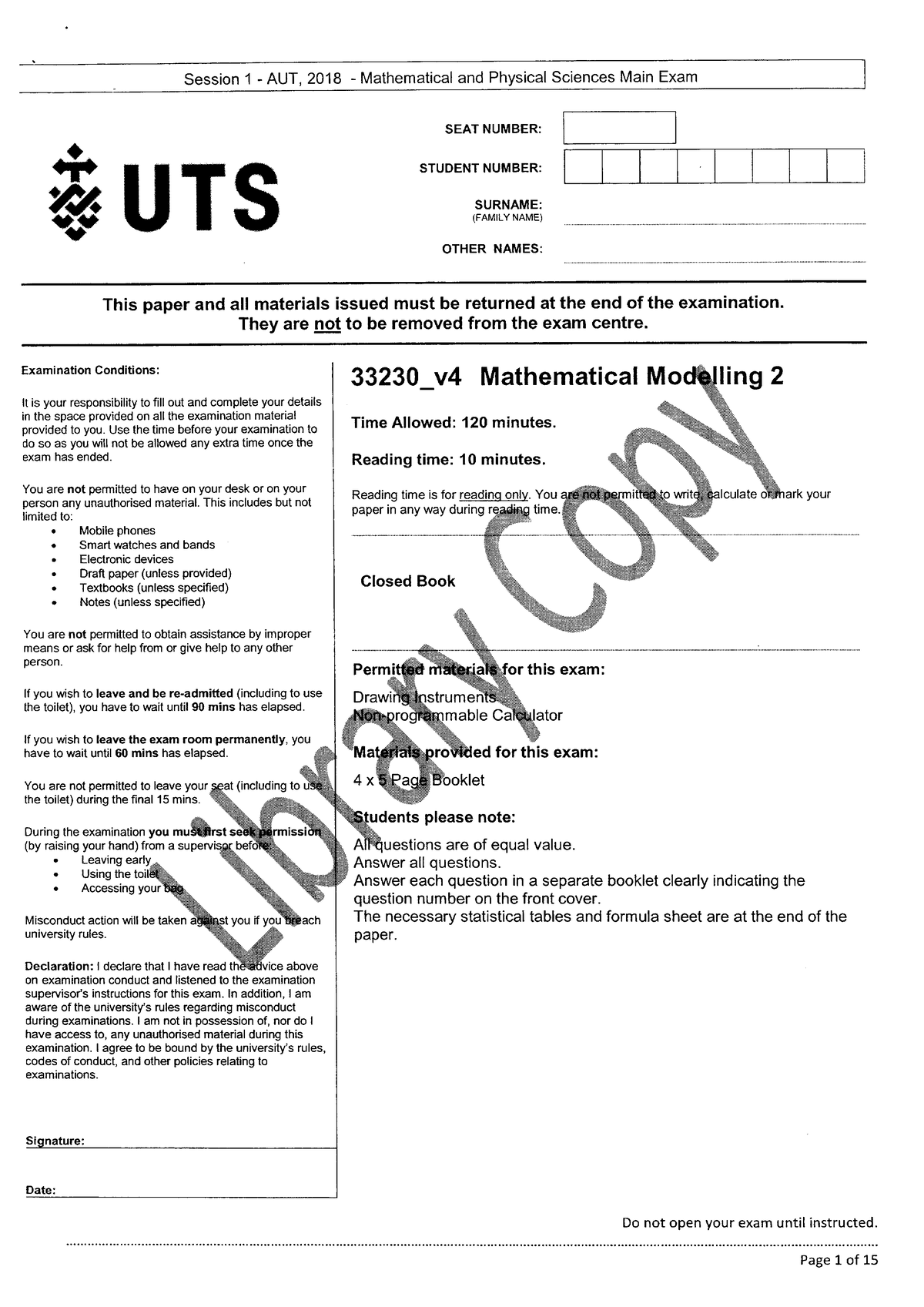 2018 Autumn Exam Session 1AUT, 2018 Mathematical and Physical