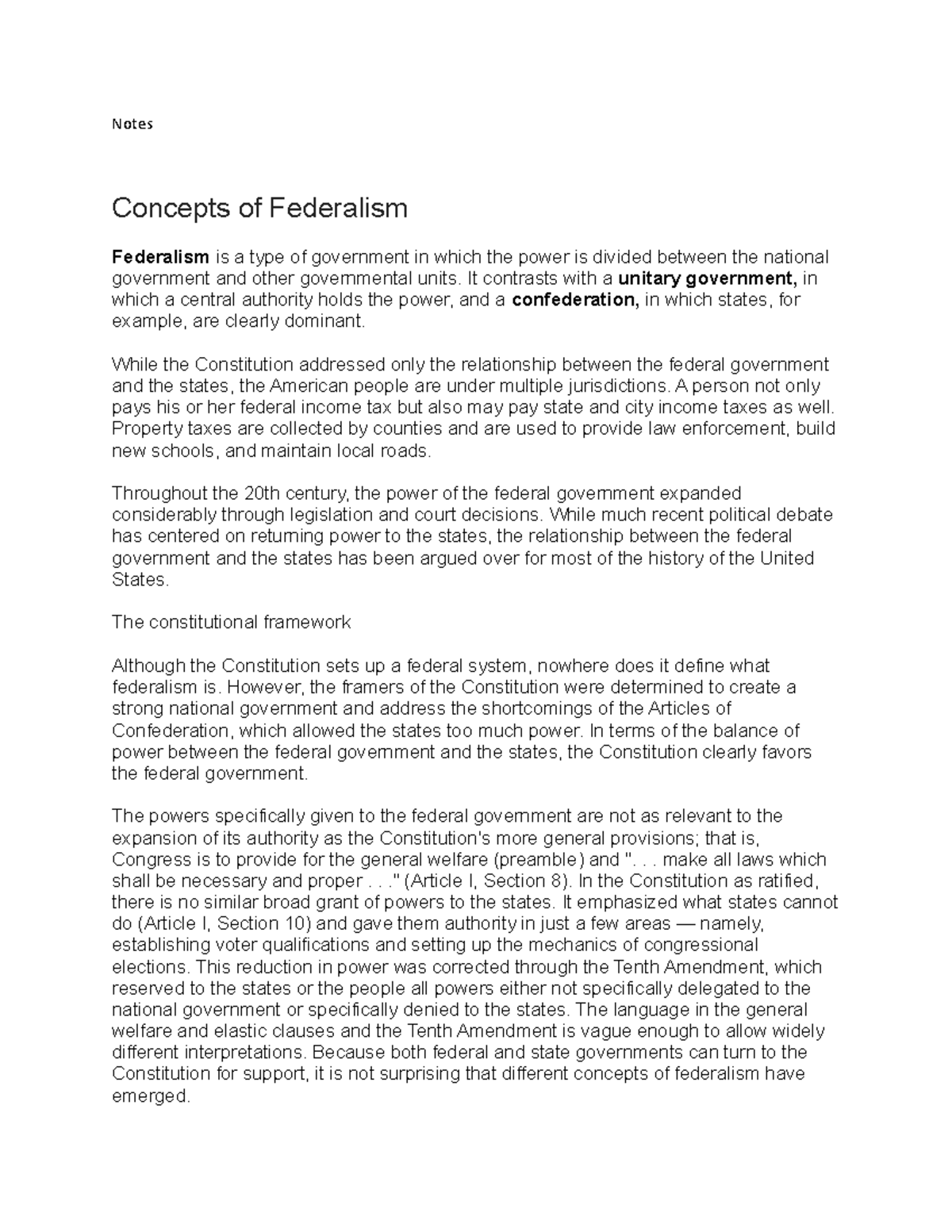 Document 42 - history - Notes Concepts of Federalism Federalism is a ...
