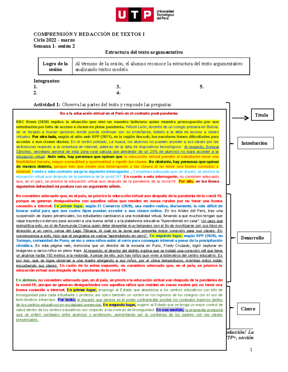 Utp S01s2 Crt1 Marzo 2022 Material De Actividades Estructura Del Texto Argumentativo 1 8382