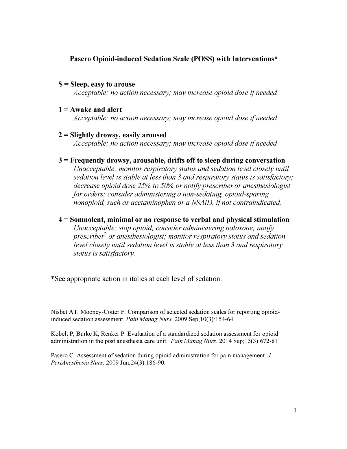 POSS, neuro assessment - 1 Pasero Opioid-induced Sedation Scale (POSS ...