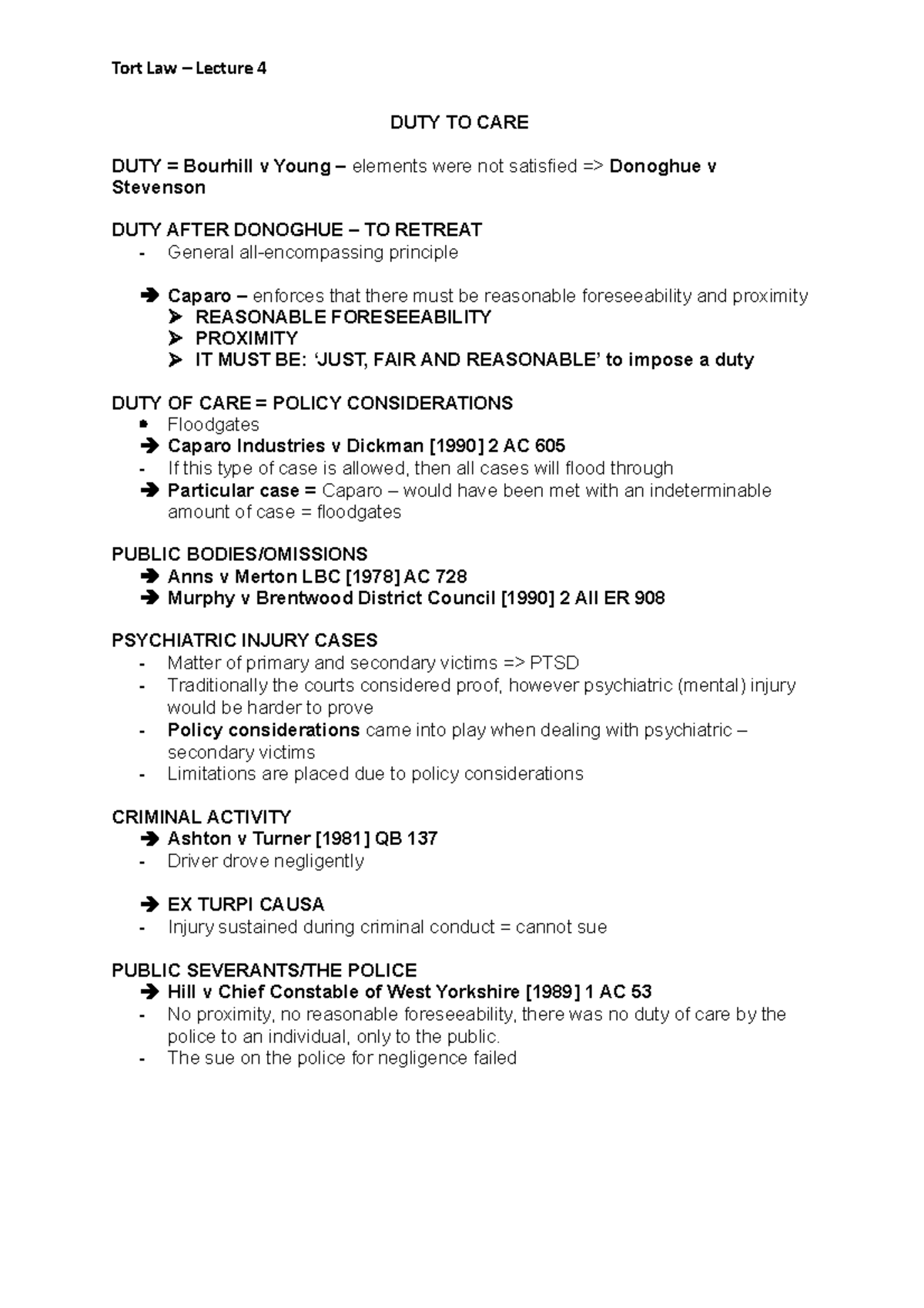 Tort Law - Lecture 4 - Duty of Care - Tort Law – Lecture 4 DUTY TO CARE ...