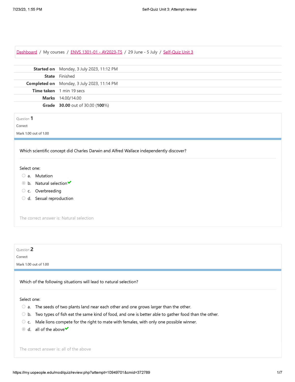 Self-Quiz Unit 3 Attempt Review - ENVS 1301 - UoPeople - Studocu