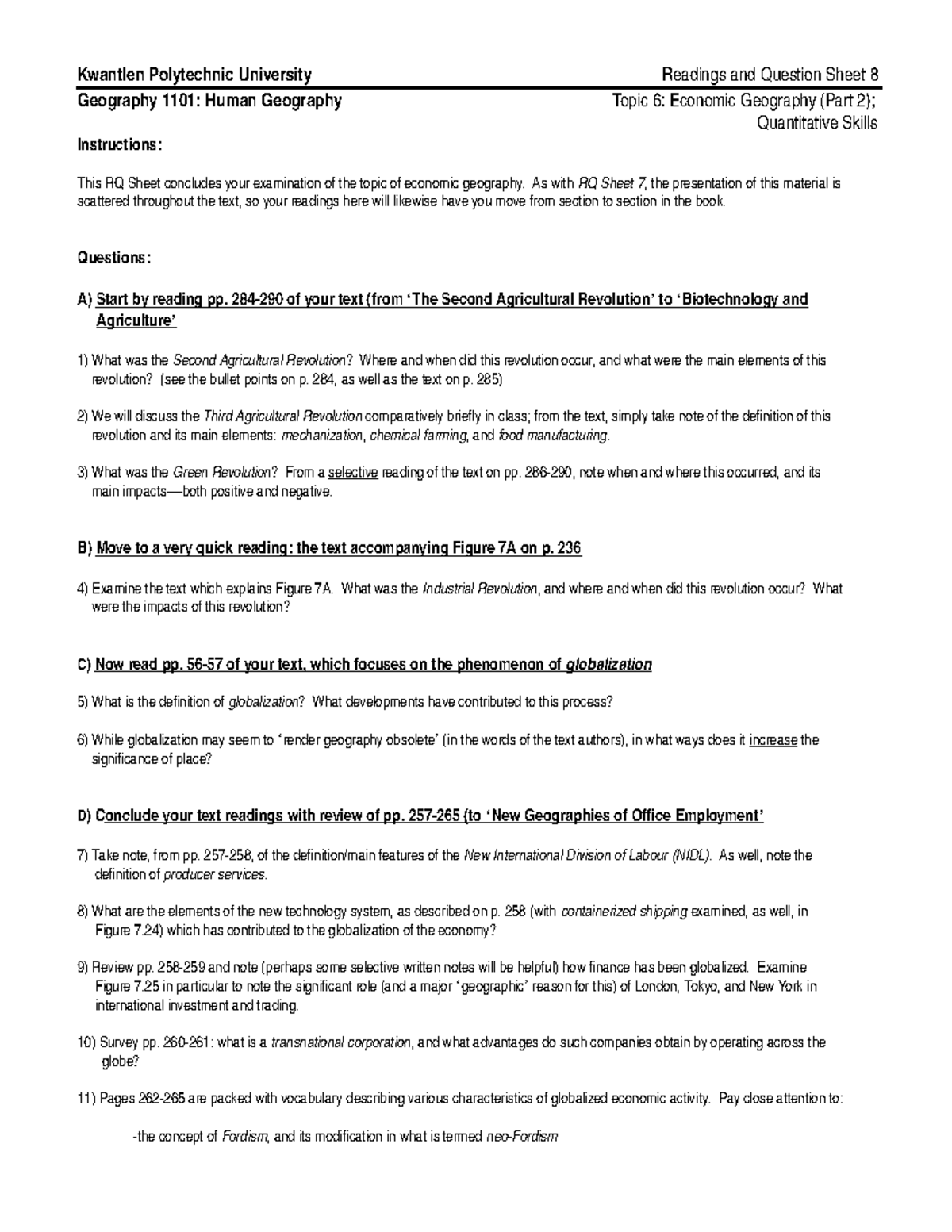 Reading Questions Sheet 8 Kwantlen Polytechnic University Geography 1101 Human Geography