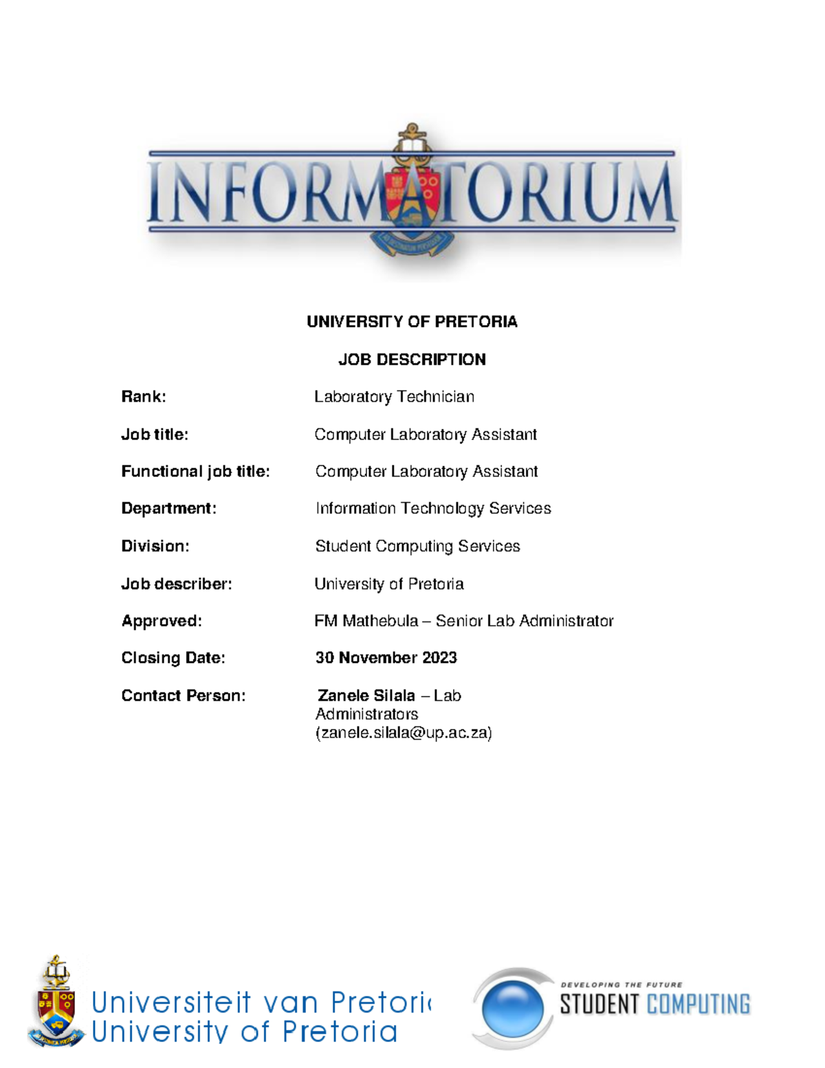 Computer Laboratory Assistant Advert Informatorium UNIVERSITY OF