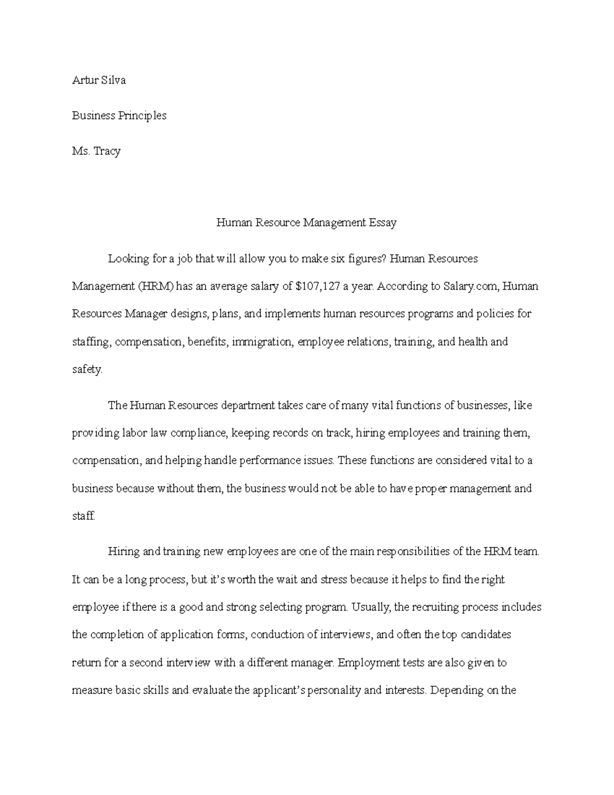Human Resources Management Essay Artur Silva Business Principles Ms 