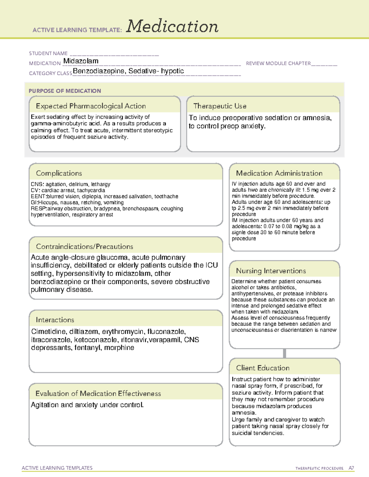 Midazolam medication card ACTIVE LEARNING TEMPLATES THERAPEUTIC