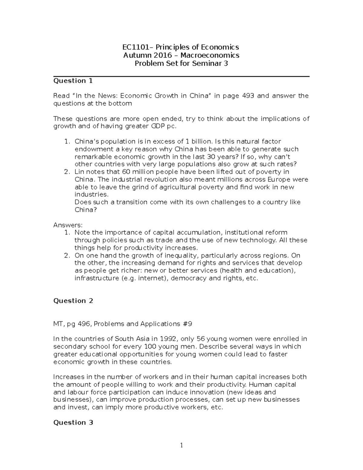 EC1101 - PS 3 Solutions - Seminar Problem Set Solution - EC1101 ...