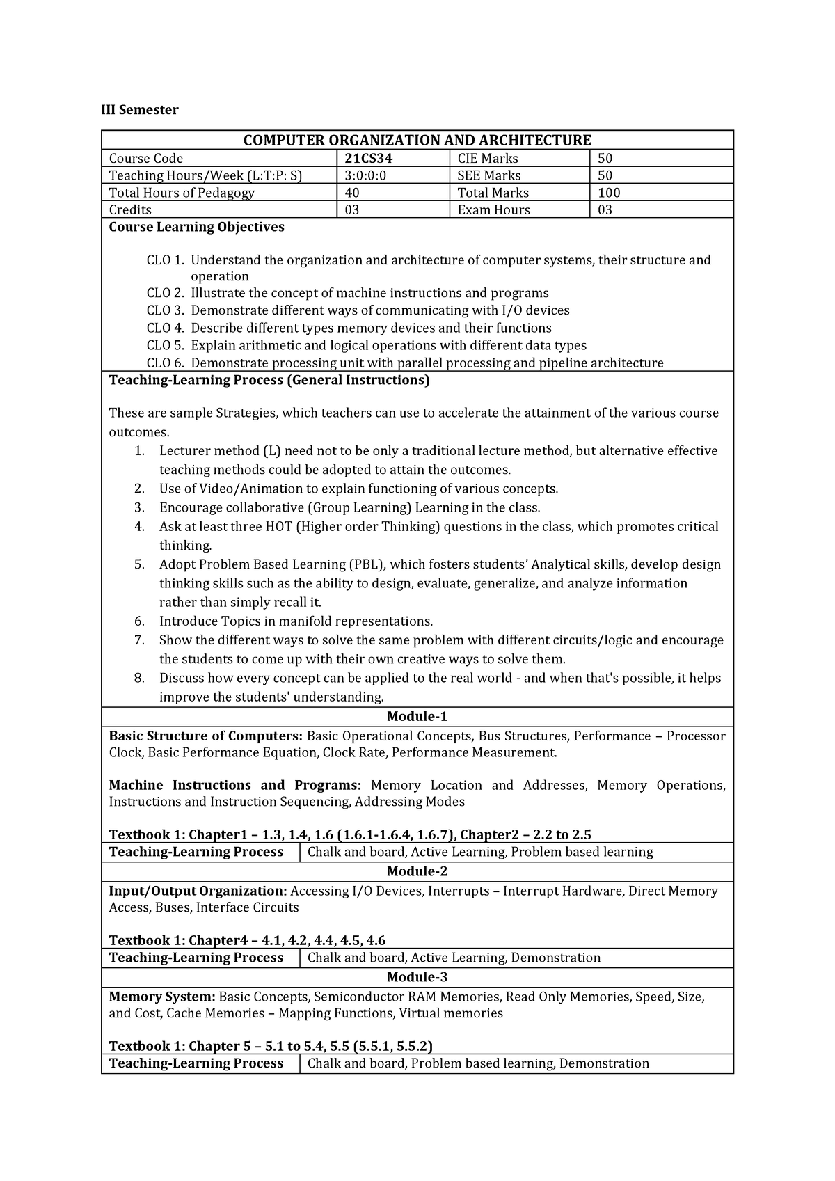 CO Syllabus NEP - III Semester COMPUTER ORGANIZATION AND ARCHITECTURE ...