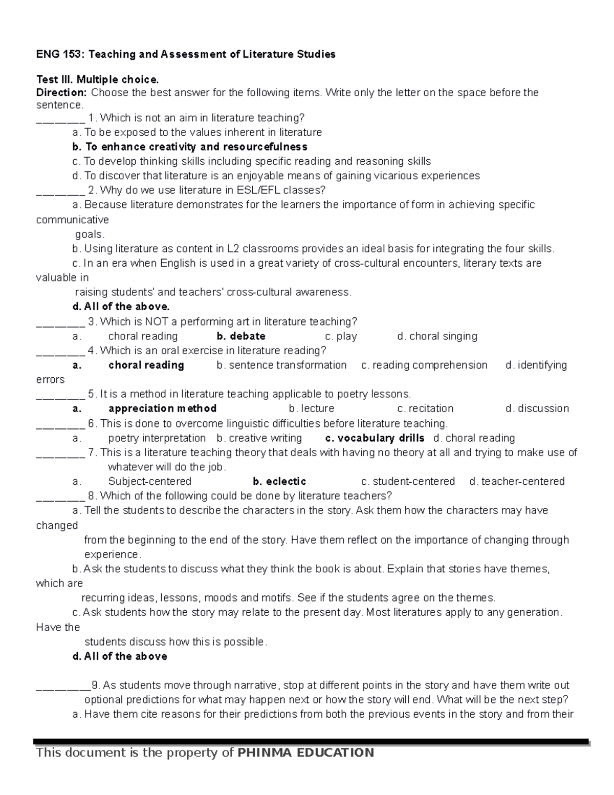 ENG 153 Teaching and Assessment of Literature Studies - Multiple choice ...