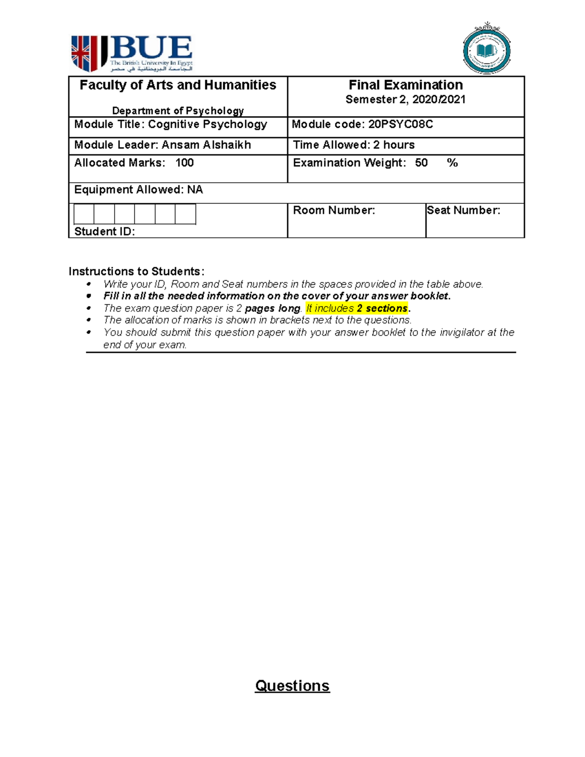 Cognitive-exam - Faculty of Arts and Humanities Department of ...