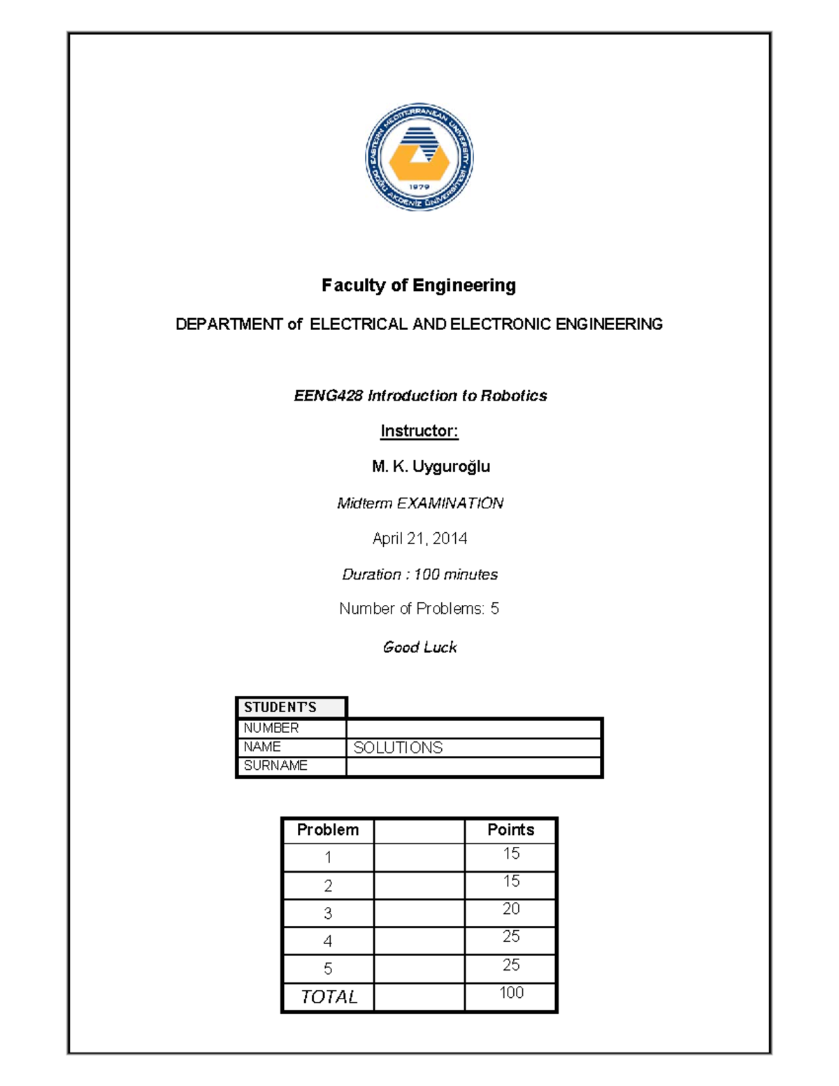 EENG428 Midterm Exam Solutions - Faculty Of Engineering DEPARTMENT Of ...