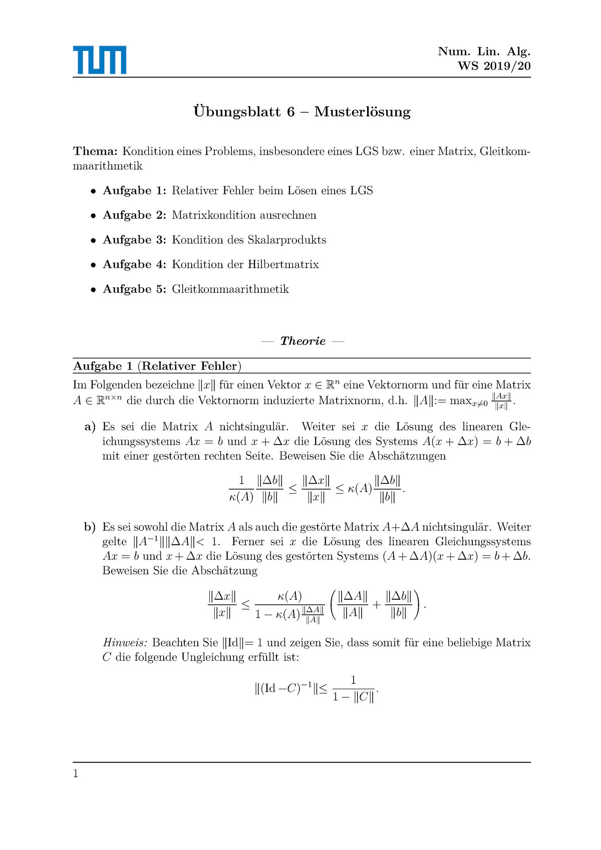 Musterloesung 6 Übungen Mit Lösungen Num Lin Alg Ws 2019 Übungsblatt 6 Musterlösung