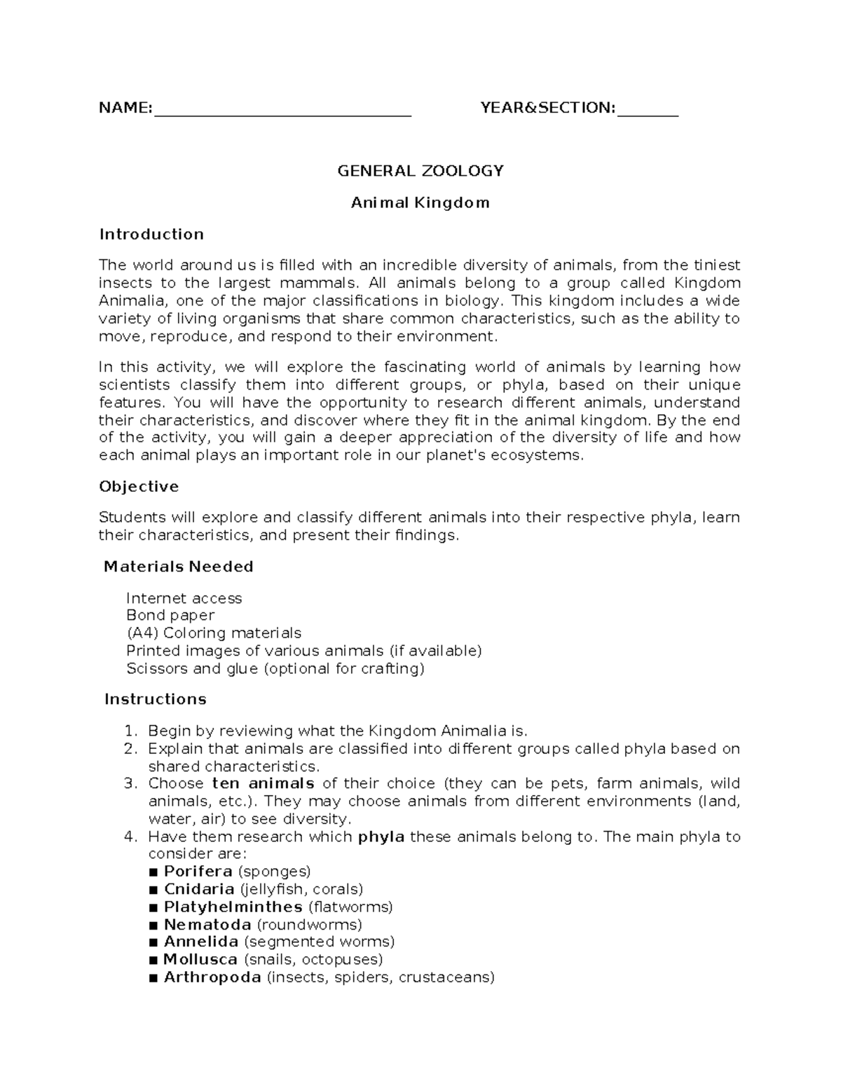 Animal Kingdom - lecture notes - NAME ...