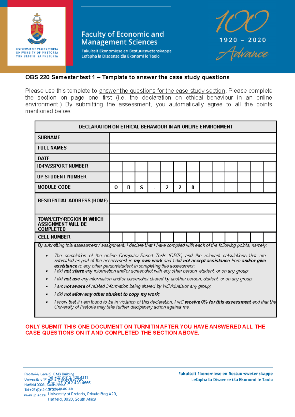 Sample/practice exam 7 July 2012, questions and answers Room 44