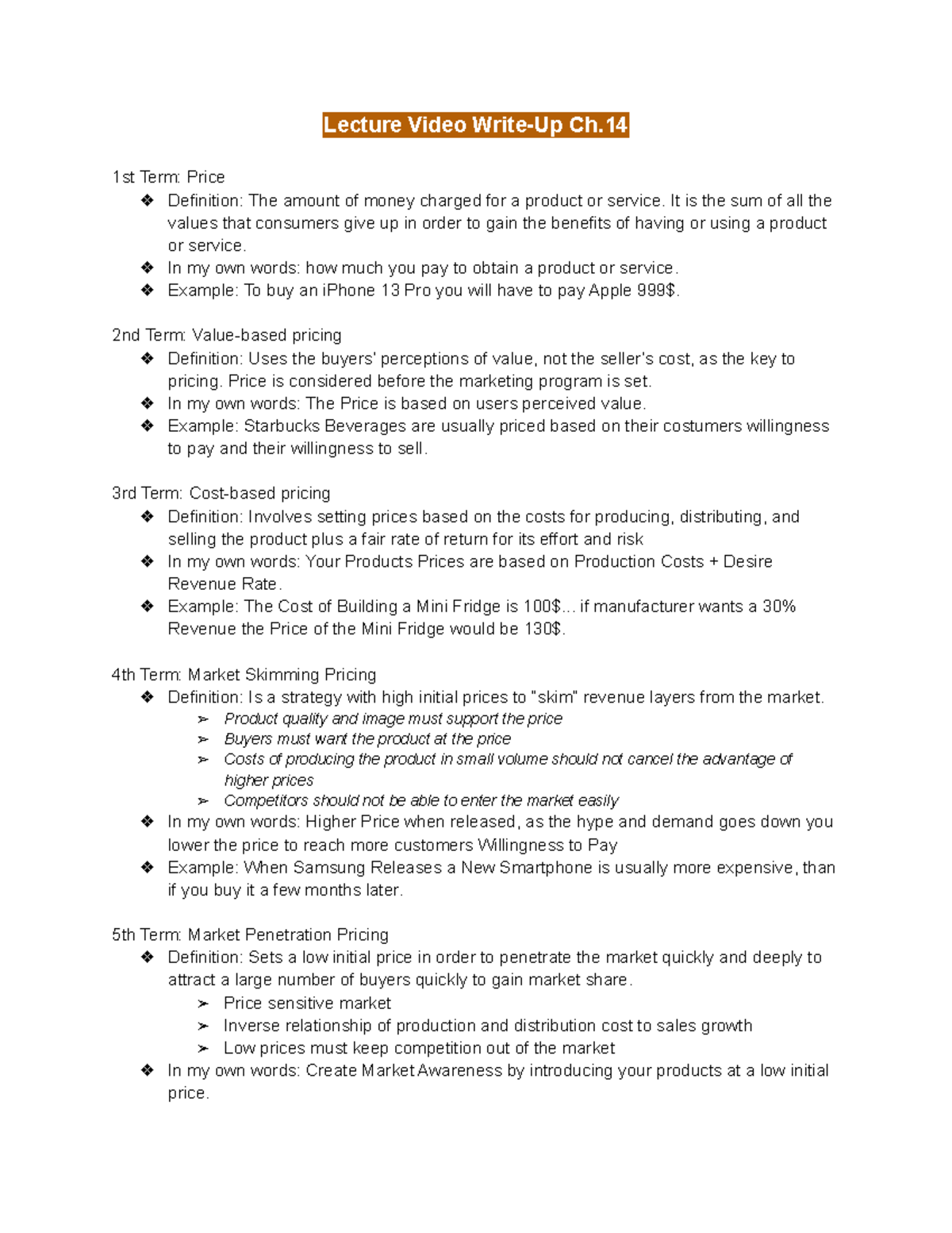 Lecture Video Write Up Ch 14 1st Term Price Definition The Amount