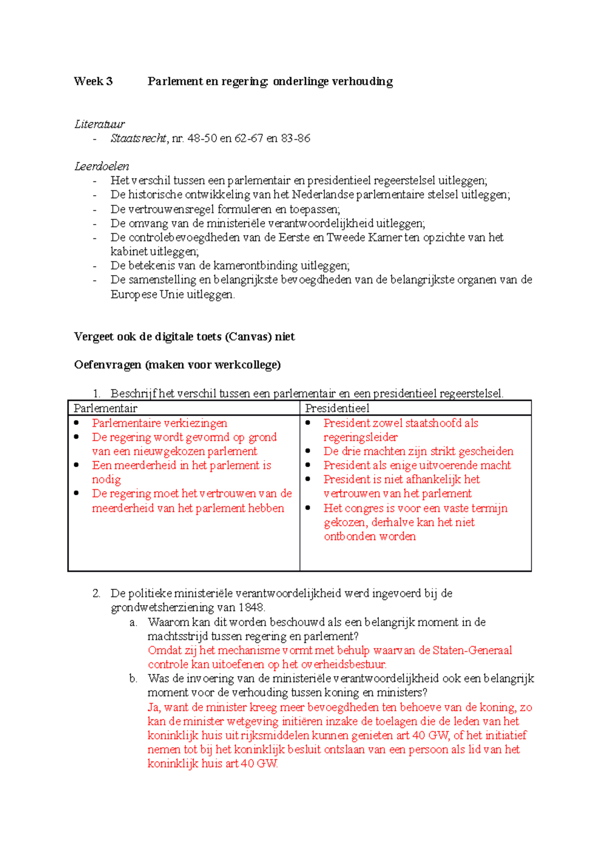 Werkboek Week 3 - Week 3 Parlement En Regering: Onderlinge Verhouding ...