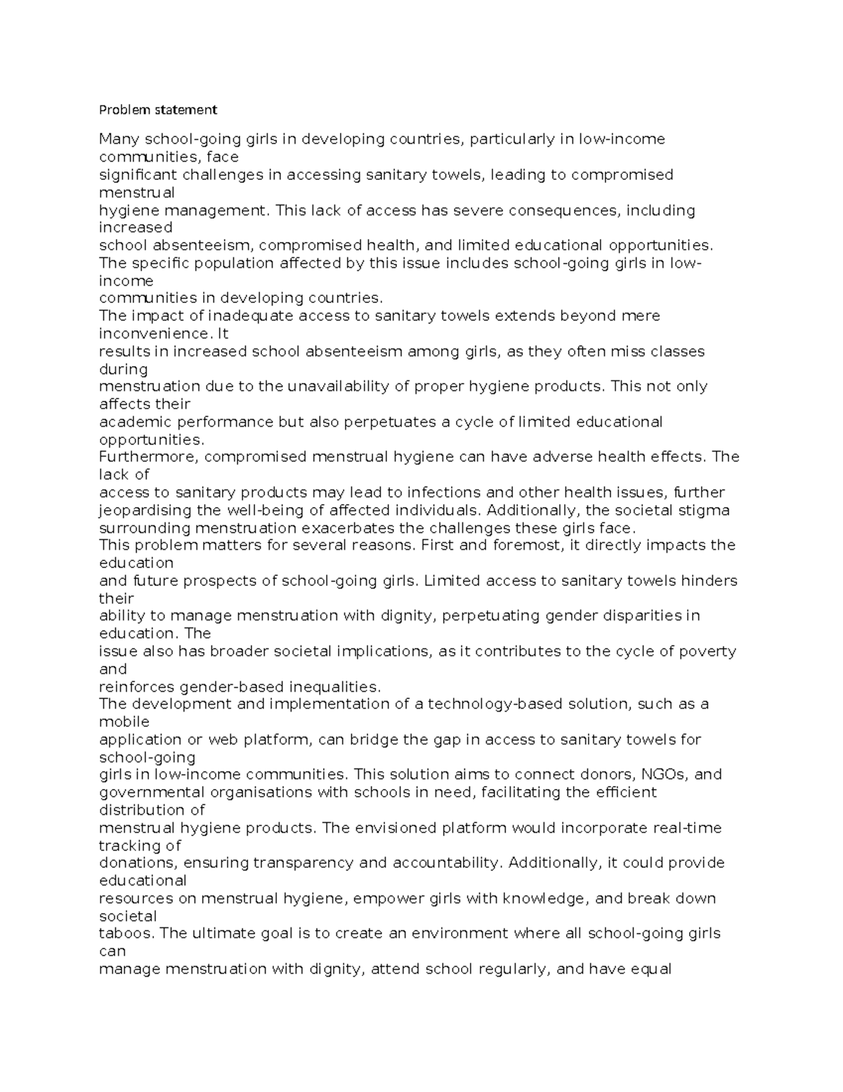 Problem statement - Problem statement Many school-going girls in ...