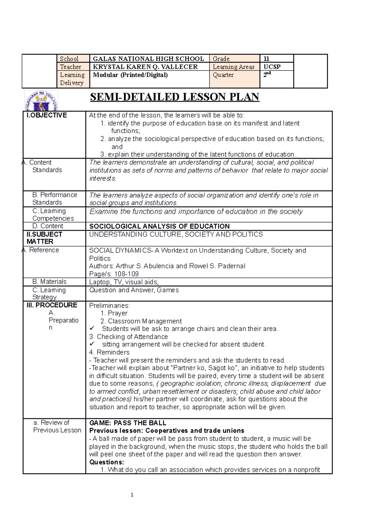 COT 1 UCSP Education SEMI DETAILED LESSON PLAN I At The End Of The