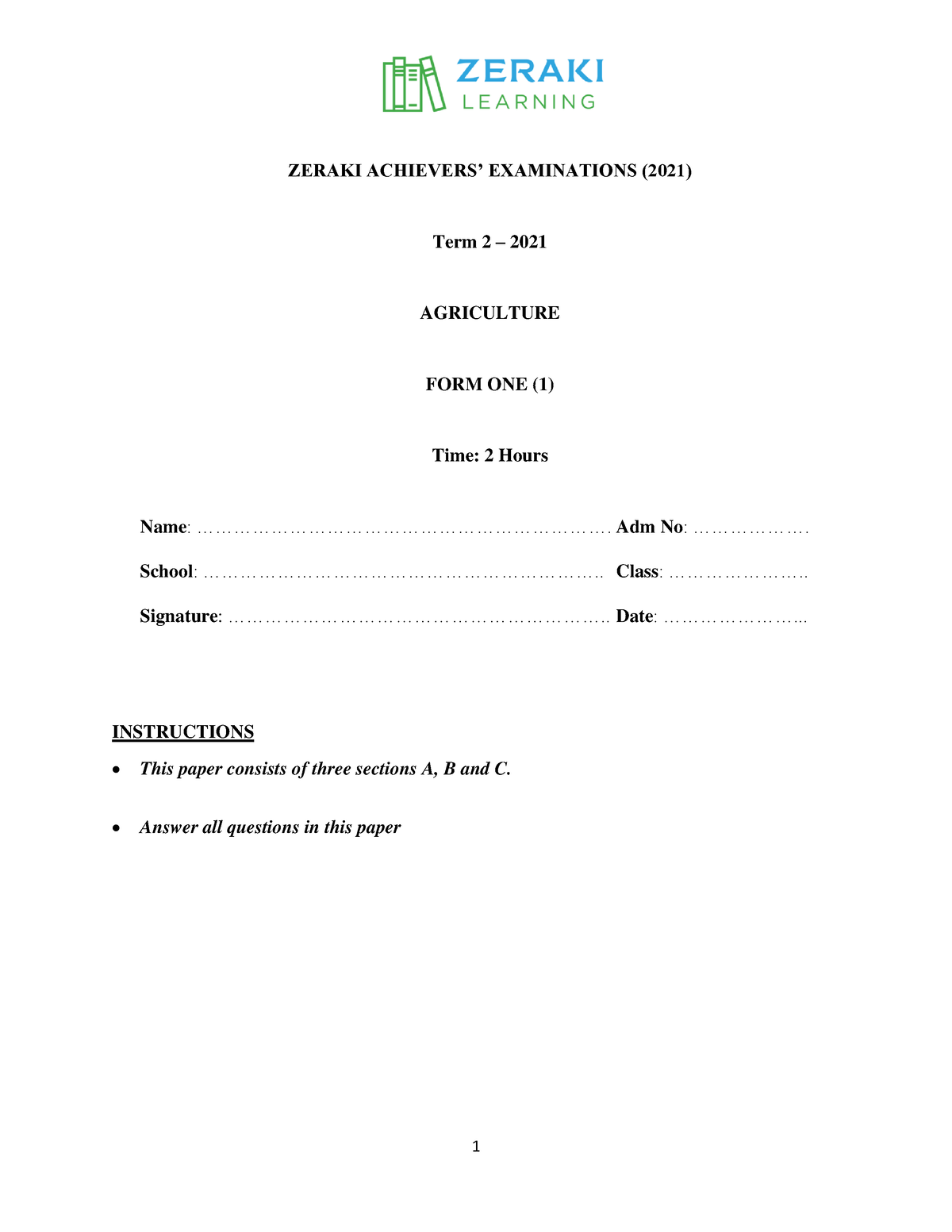 zeraki assignments download form 1