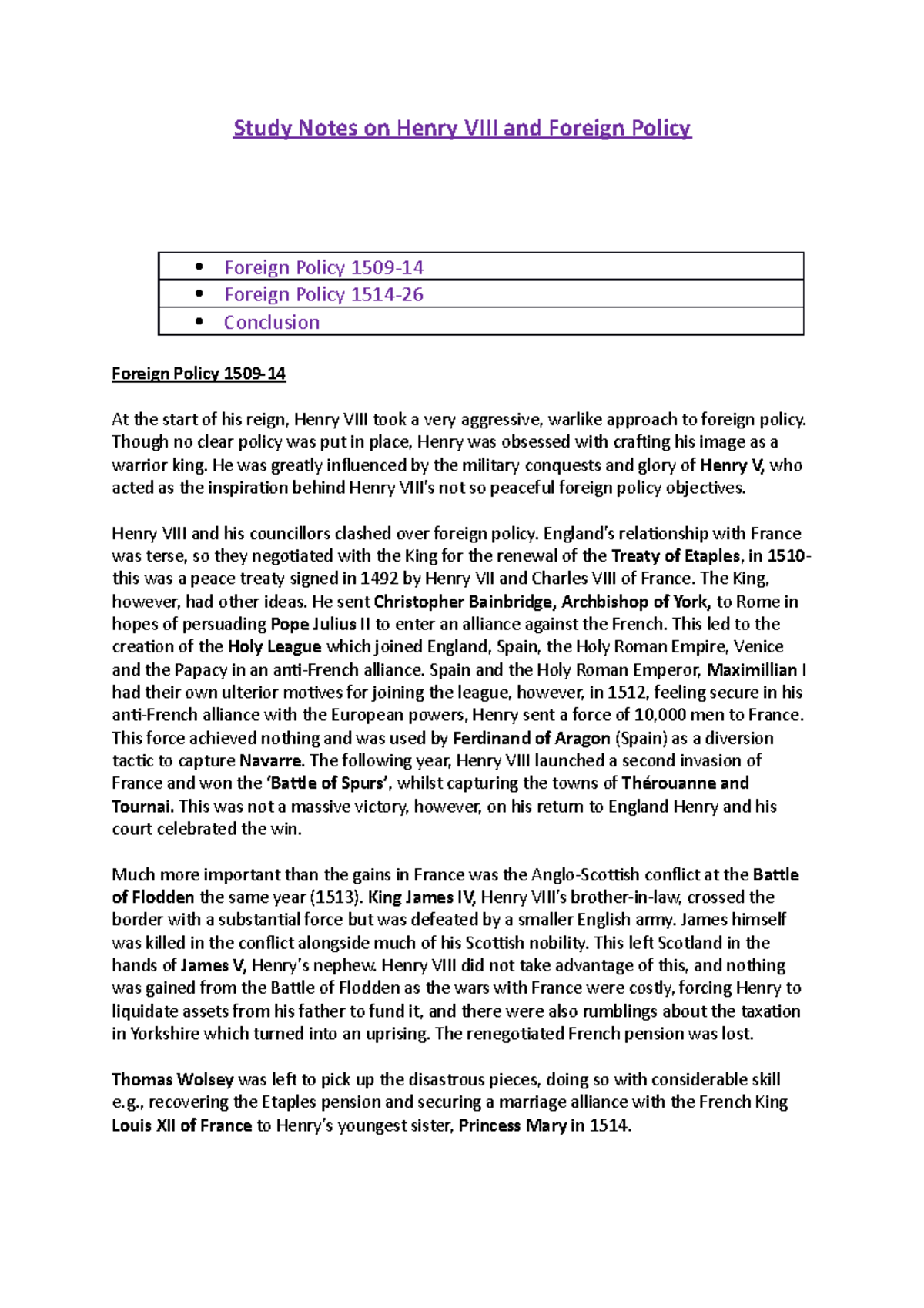 Henry viii and foreign policy 1509 26 - Study Notes on Henry VIII and ...