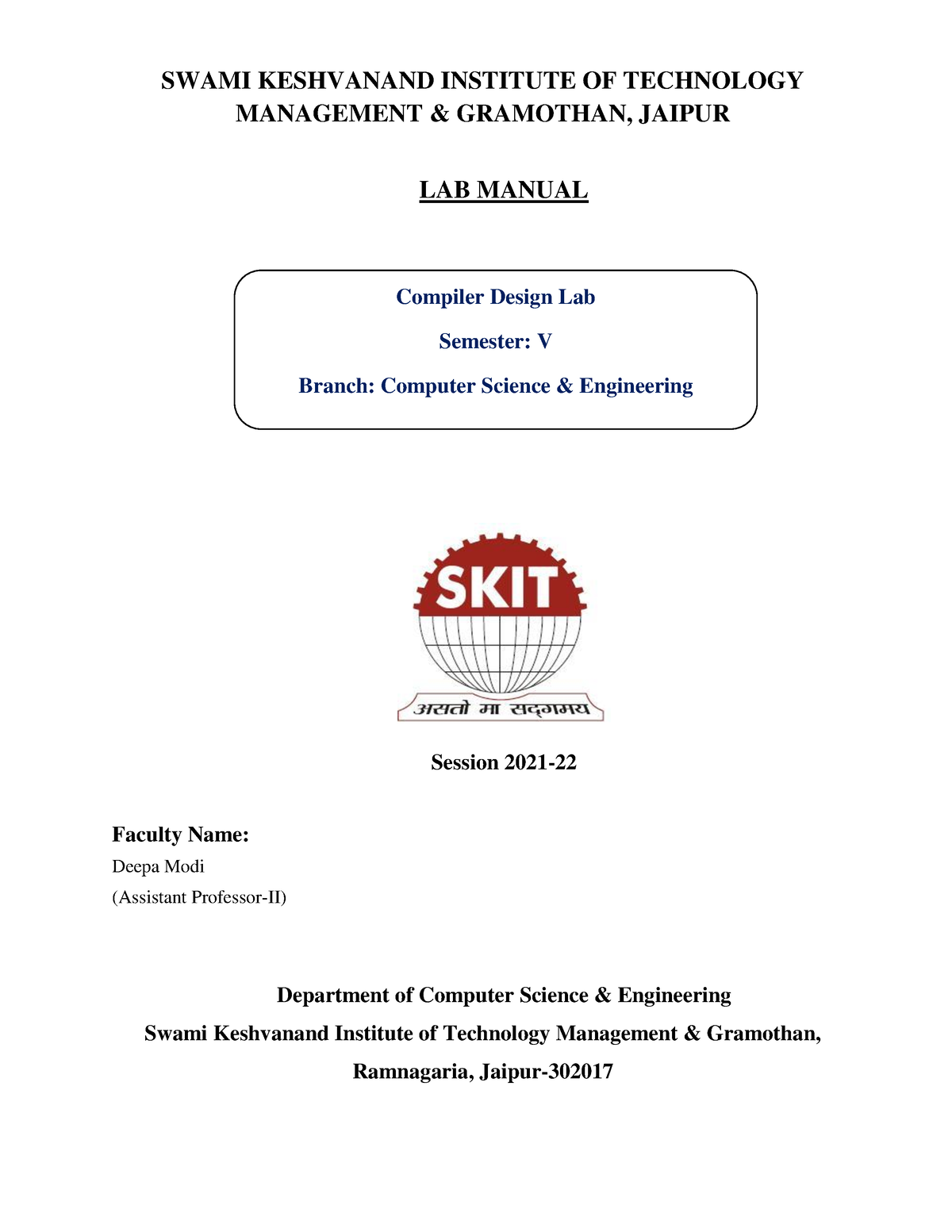 (5CS4-22) Compiler Design Lab Manual - SWAMI KESHVANAND INSTITUTE OF ...