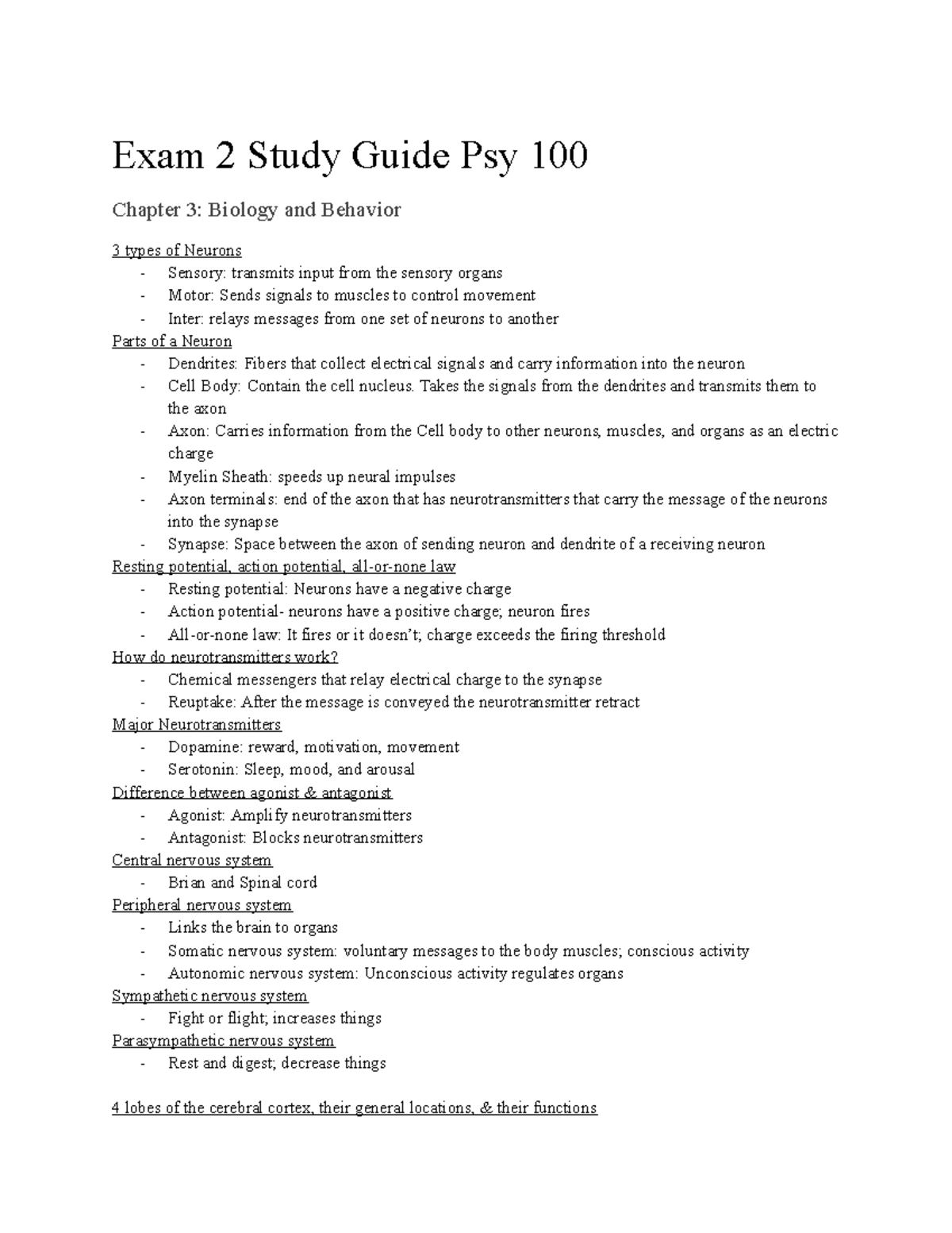 PSY 100 Exam 2 Study Guide - Exam 2 Study Guide Psy 100 Chapter 3 ...