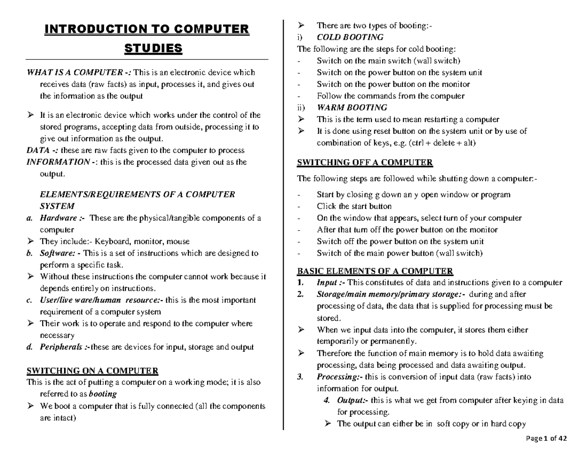 COMP Notes - Page 1 of 42 INTRODUCTION TO COMPUTER STUDIES WHAT IS A ...