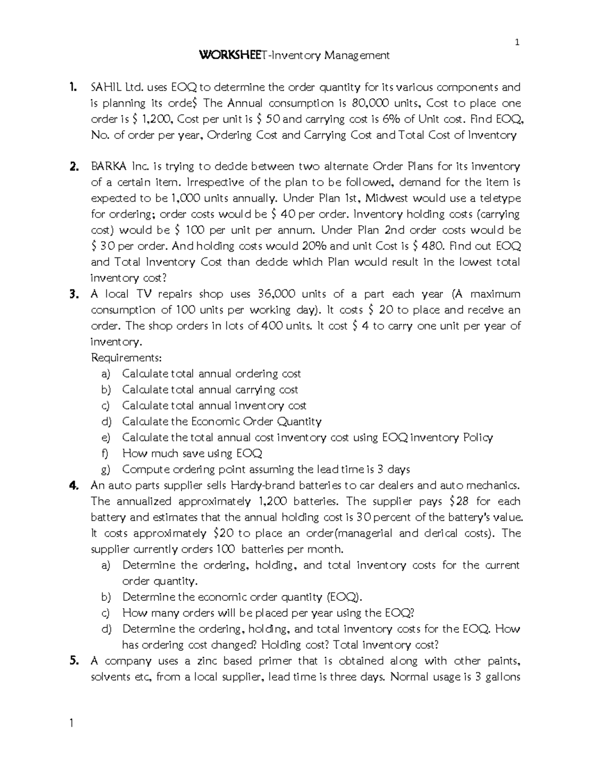 Worksheet - Notes - 1 1 WORKSHEET-Inventory Management SAHIL Ltd. uses ...