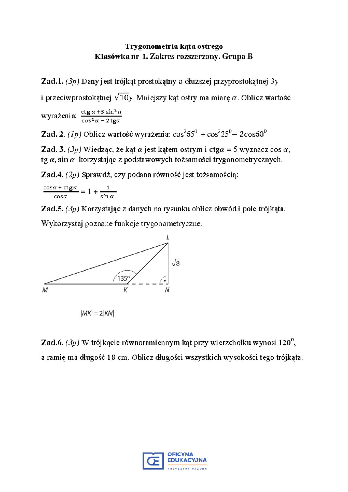 Sprawdzian Z Działu Trygonometria Liceum www.studocu.com