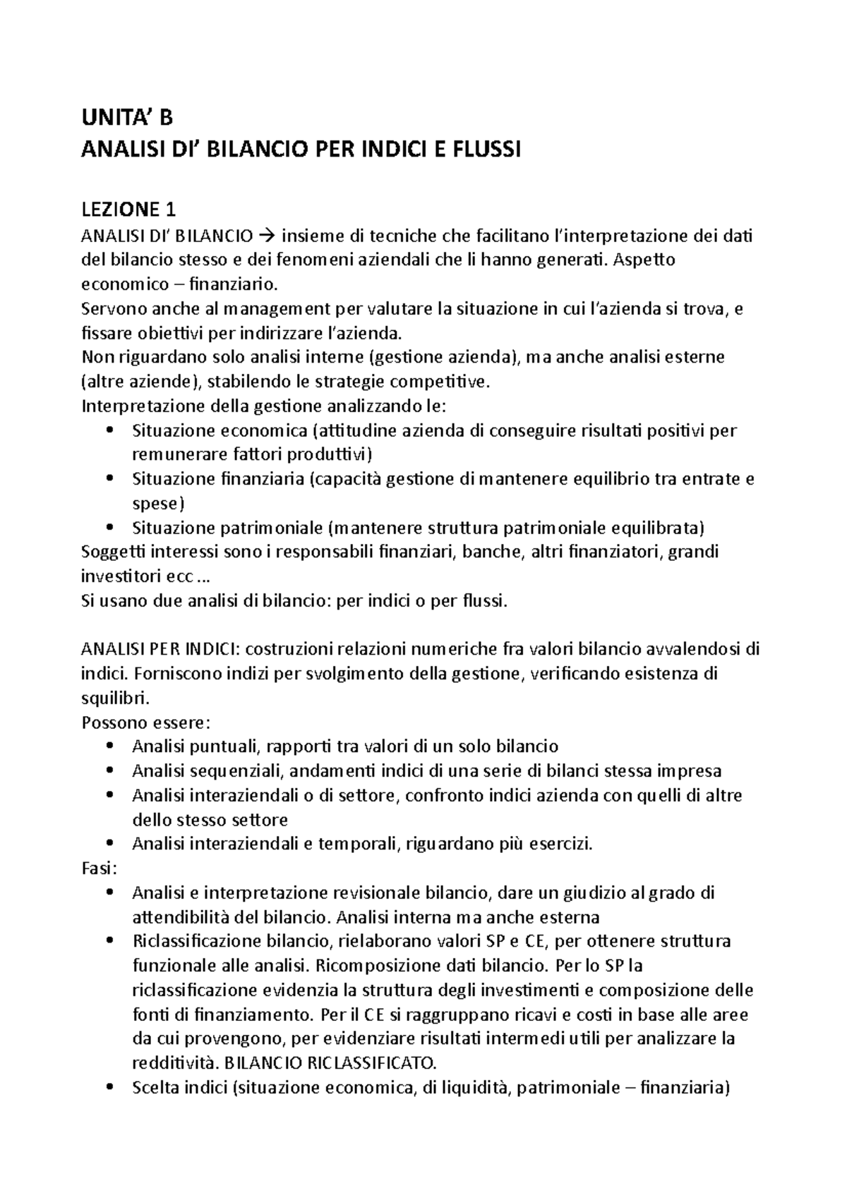 Unita B - Analisi Bilancio - UNITA’ B ANALISI DI’ BILANCIO PER INDICI E ...