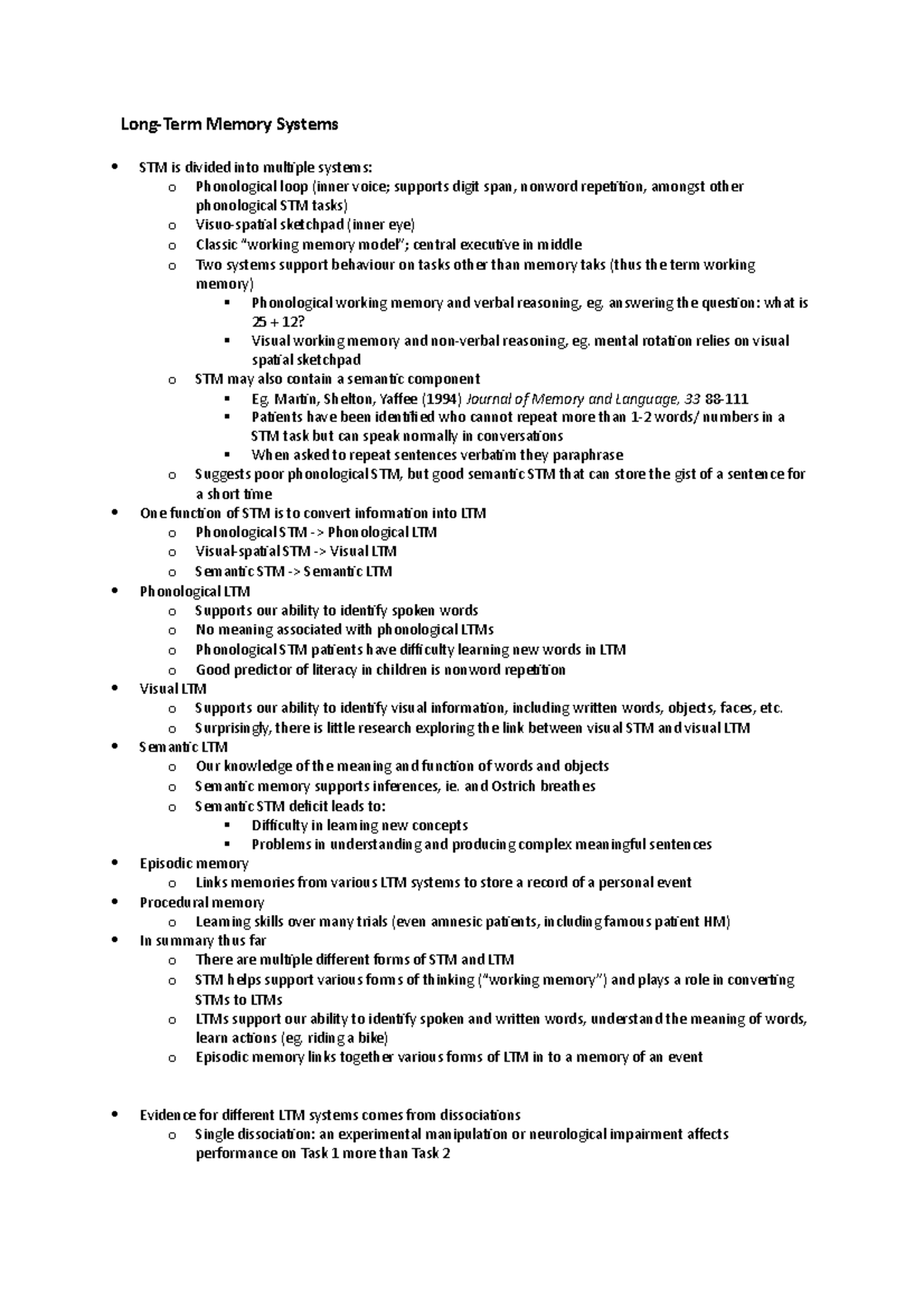 LTM Systems - Memory - Long-Term Memory Systems STM is divided into ...