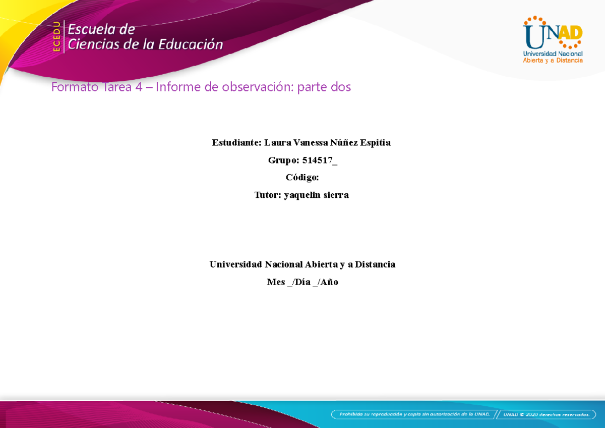 Informe de observacion parte dos laura - Formato Tarea 4 – Informe de