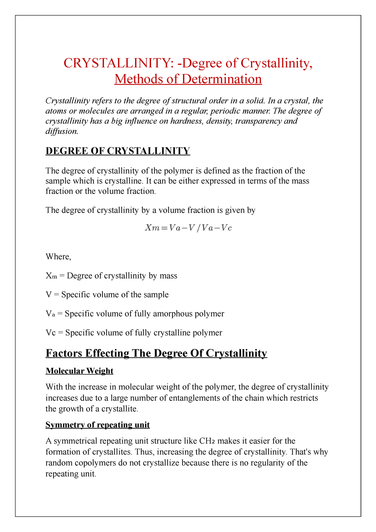 Crystallinity - CRYSTALLINITY: -Degree Of Crystallinity, Methods Of ...