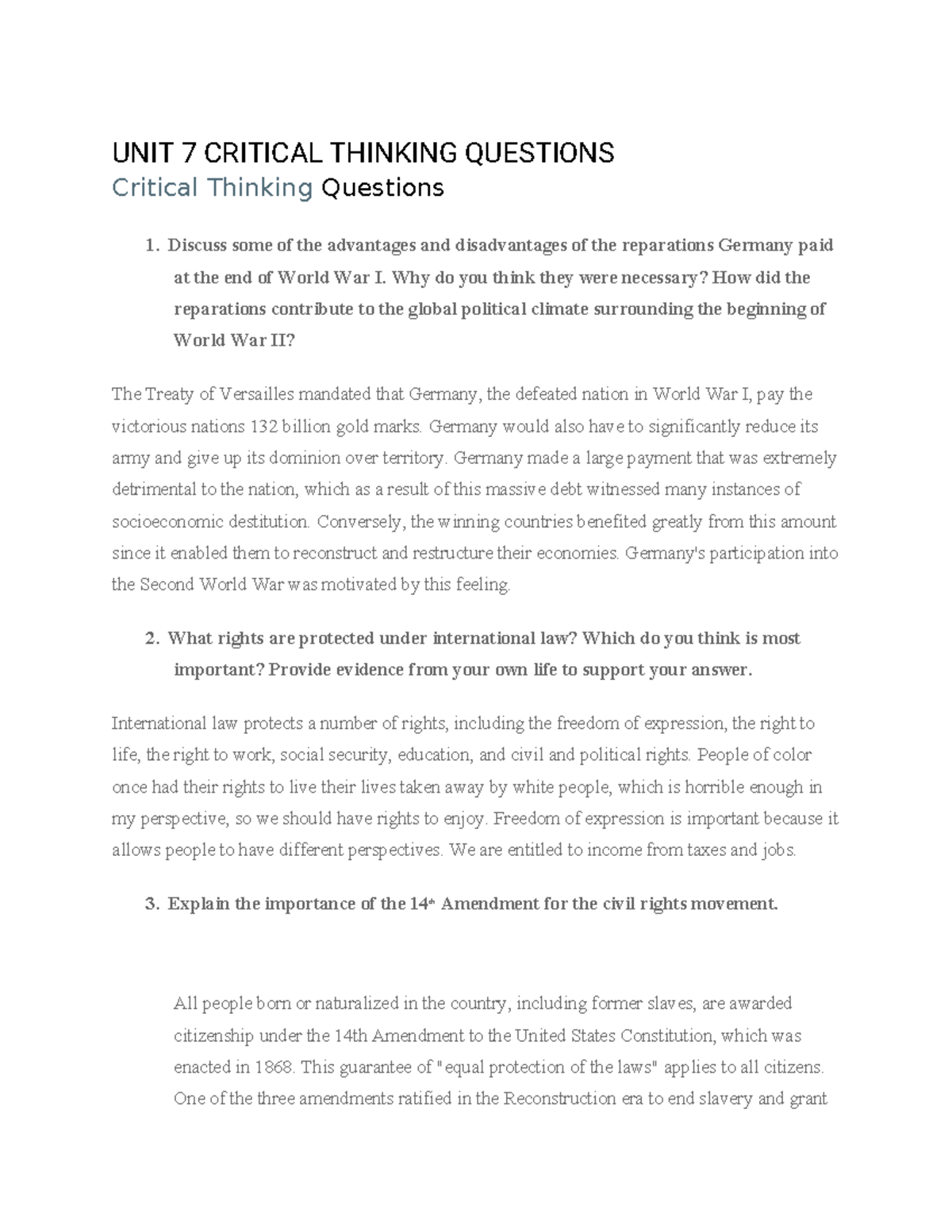 UNIT 7 Critical Thinking Questions Law studies - UNIT 7 CRITICAL ...