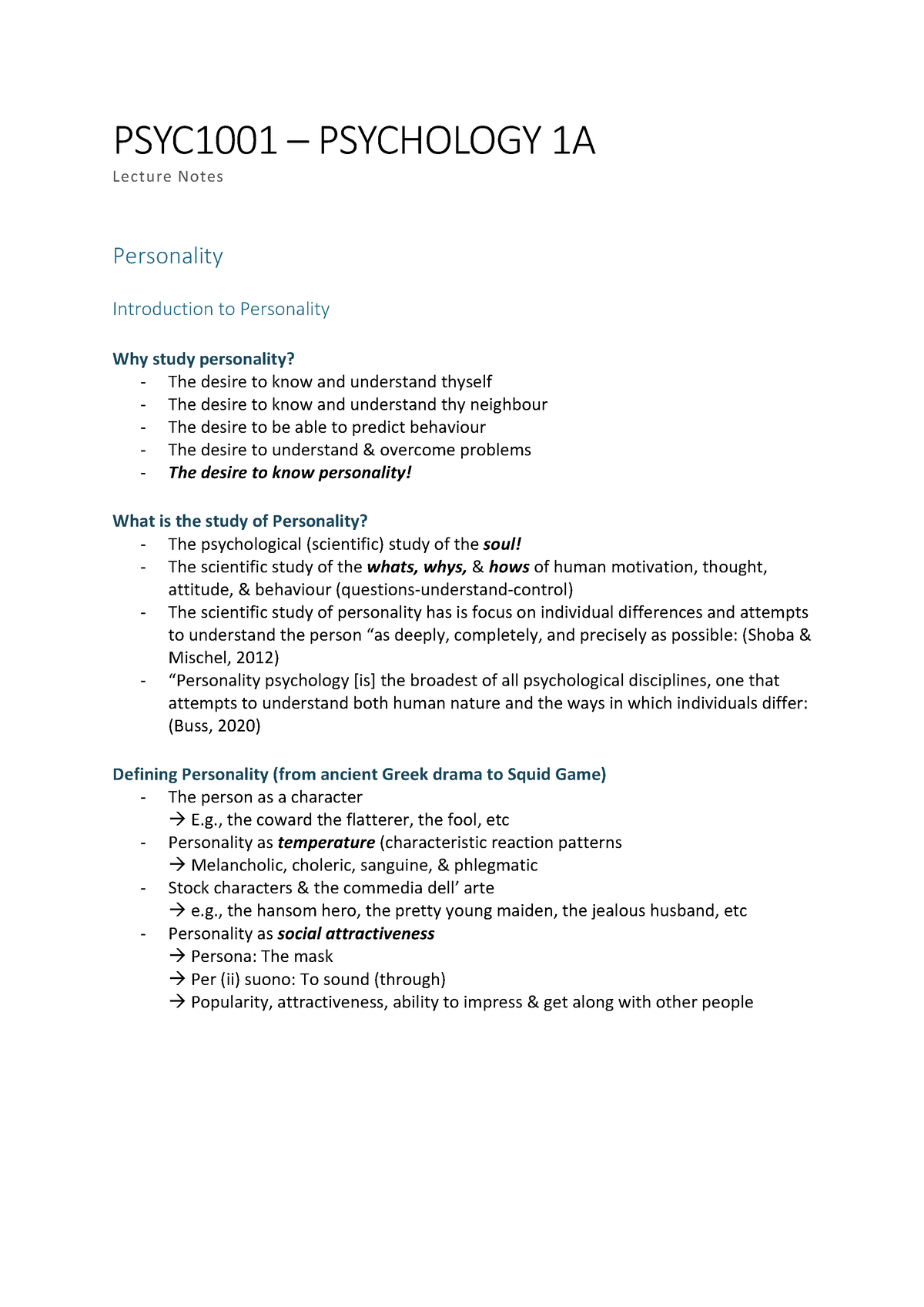 PSYC1001 - Personality - PSYC1001 3 PSYCHOLOGY 1A Lecture Notes ...