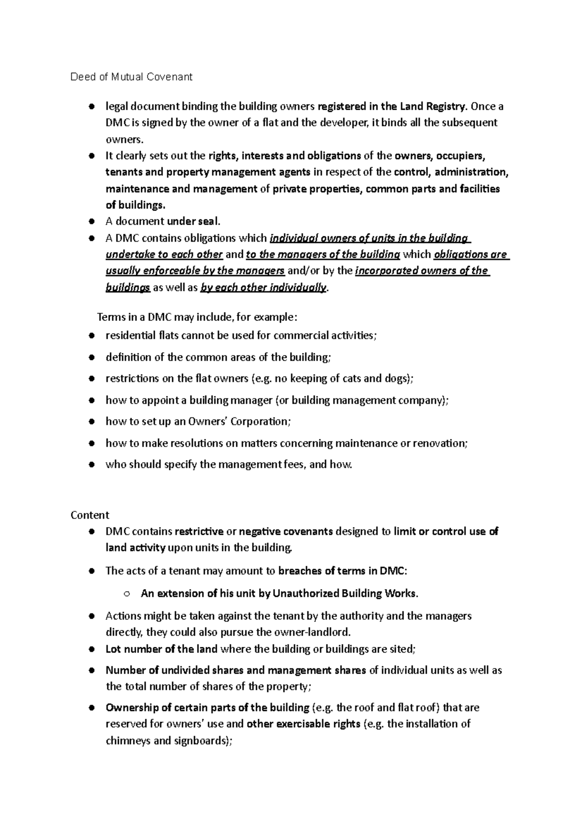 DMC - Summary Property Management I - Deed of Mutual Covenant legal ...