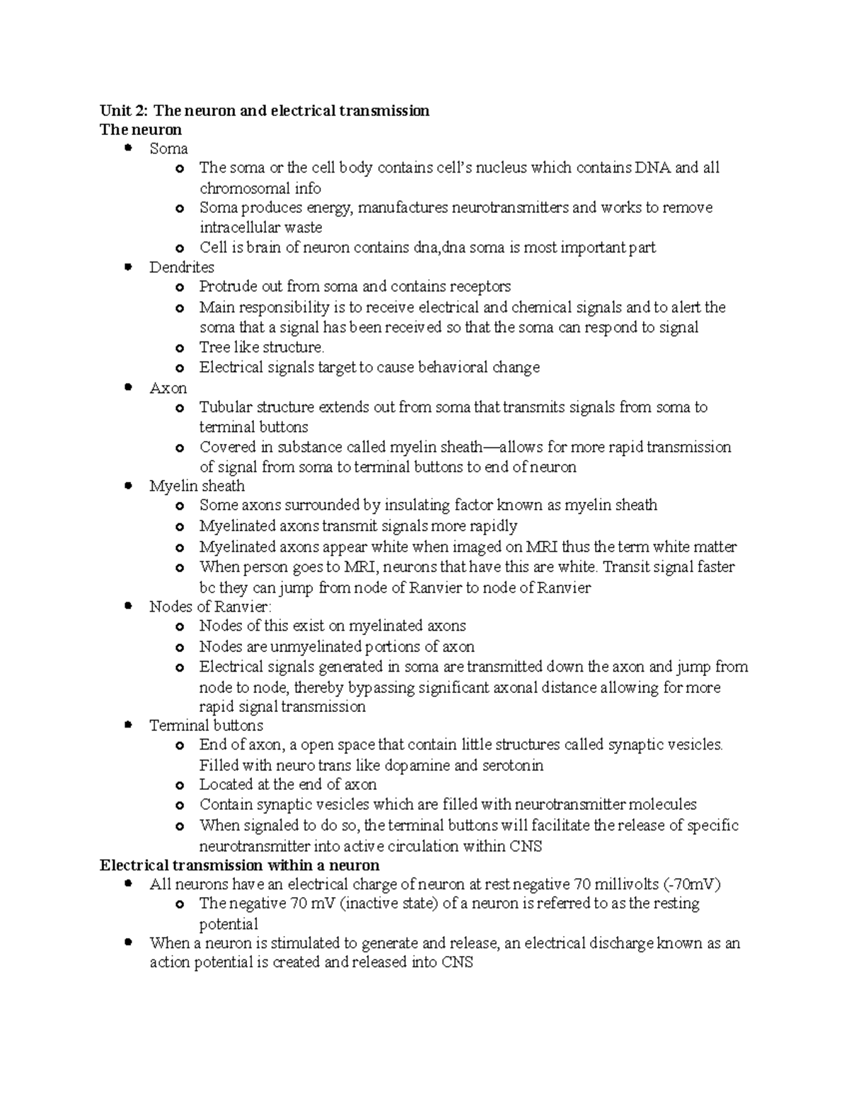 Chapter 2 Notes - W Dr. Williams - Unit 2: The neuron and electrical ...