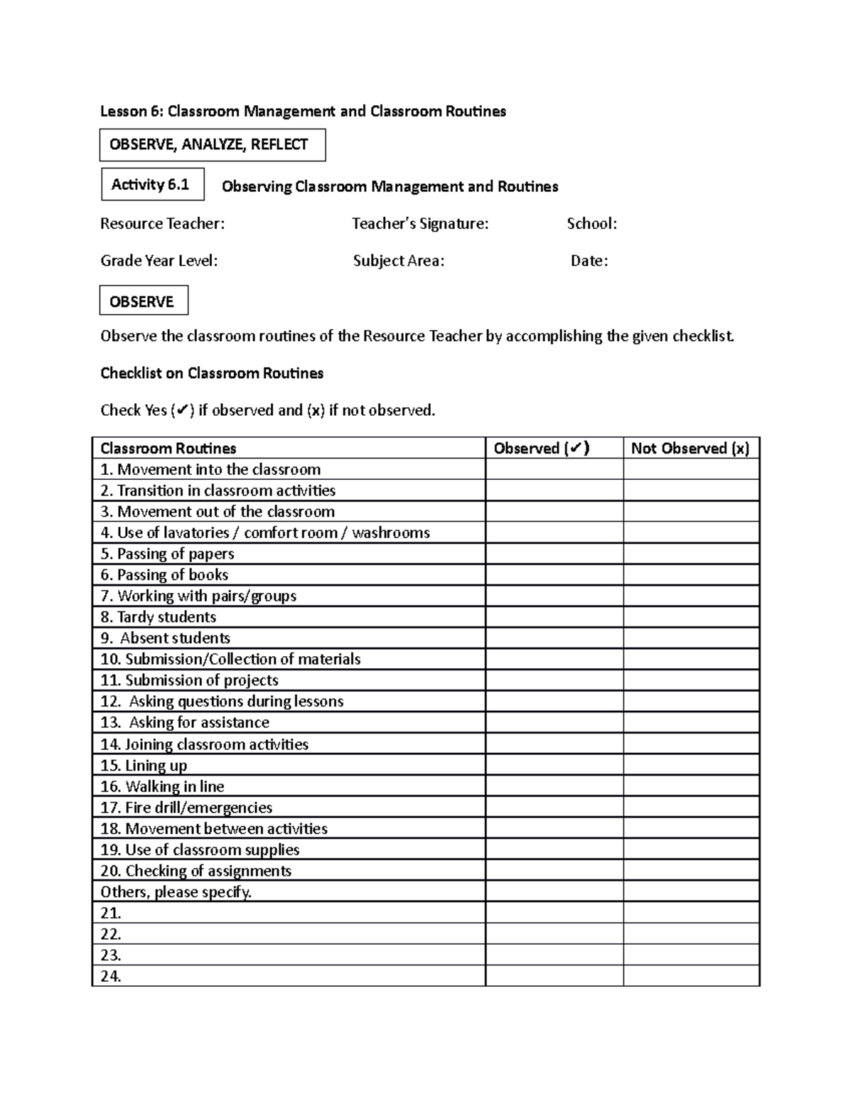 FS 1 Activity 6 Field study Lesson 6 Classroom Management and