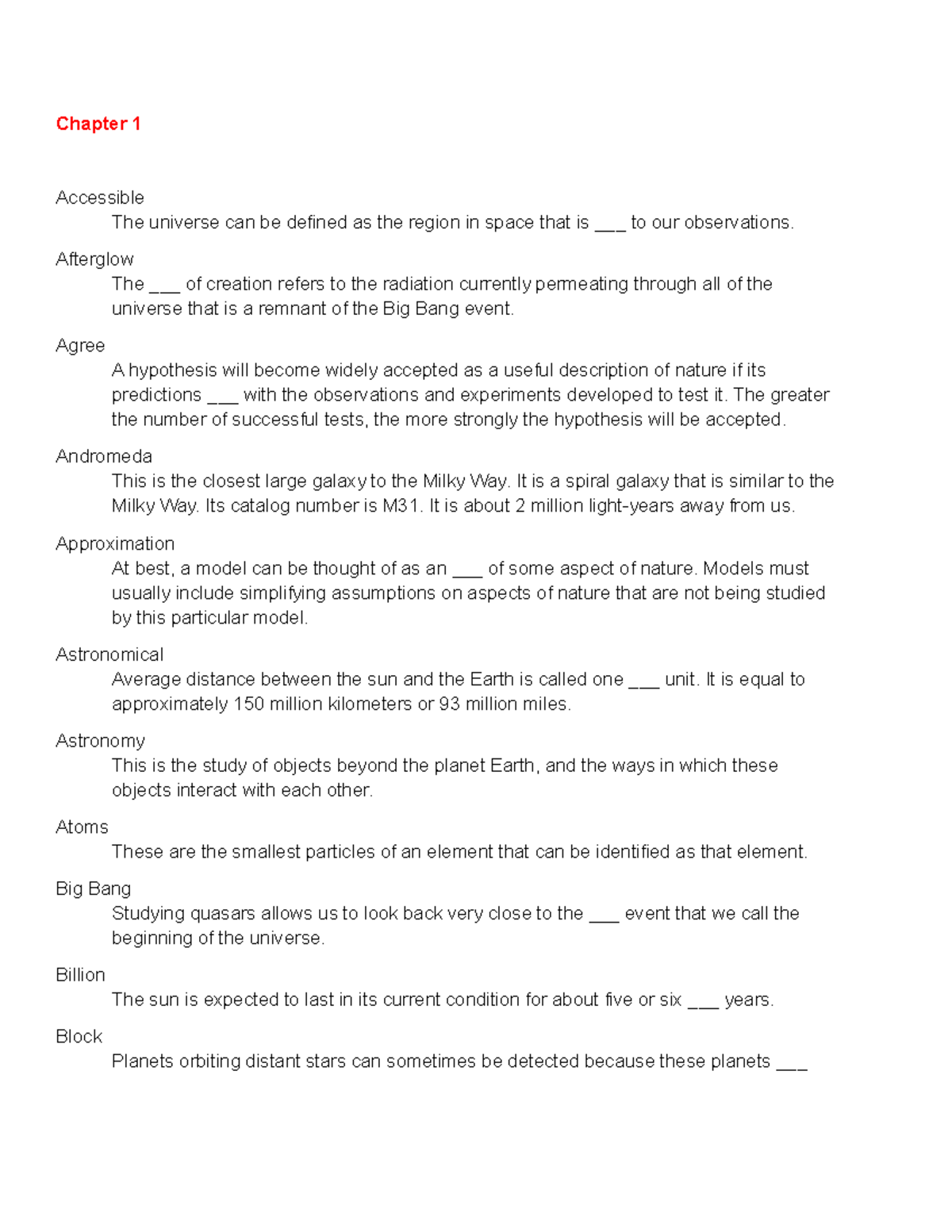 Midterm study guide - chpt 1-10 - Chapter 1 Accessible The universe can ...