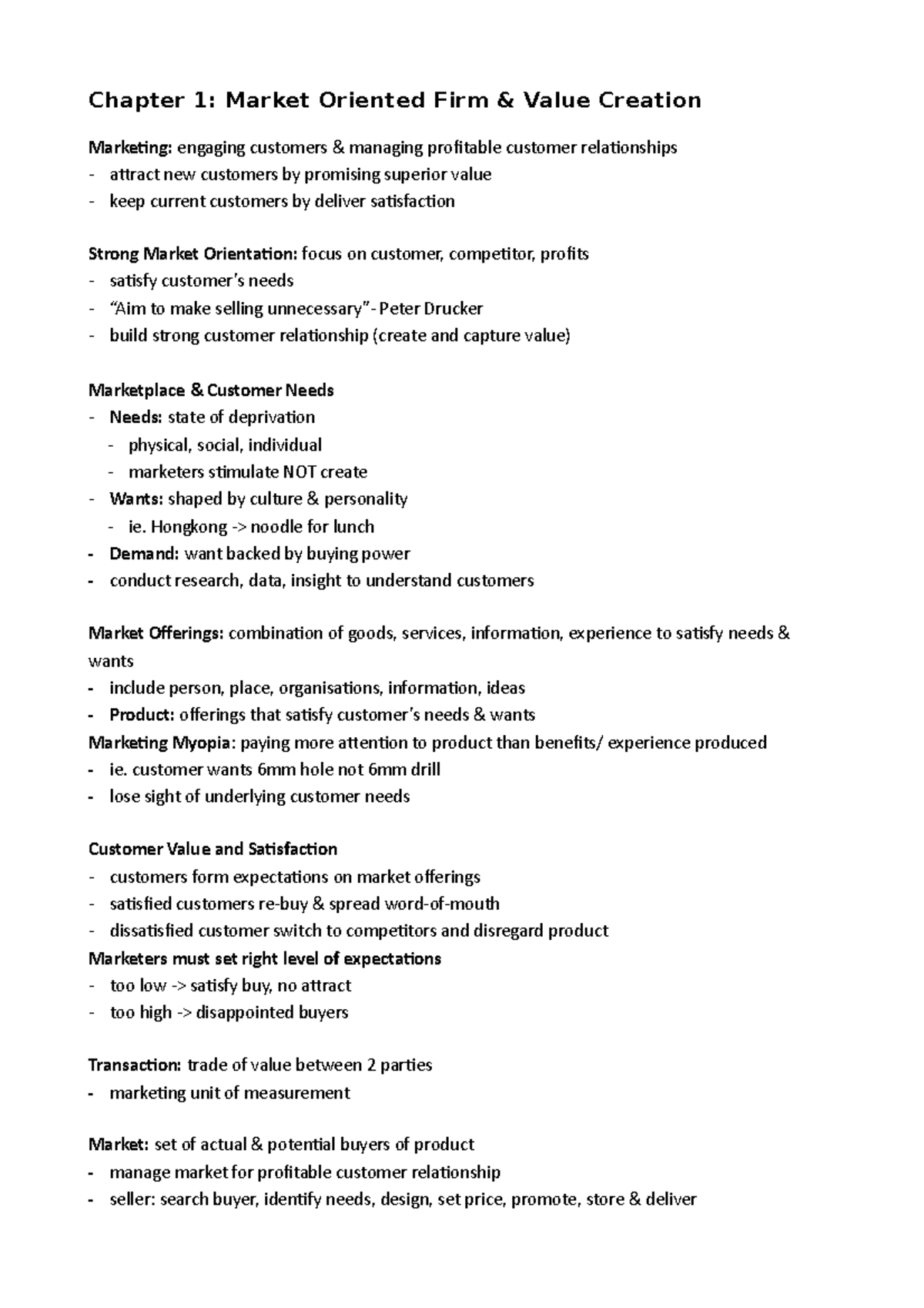 Marketing notes print - Chapter 1 and 2 summary - Chapter 1: Market ...