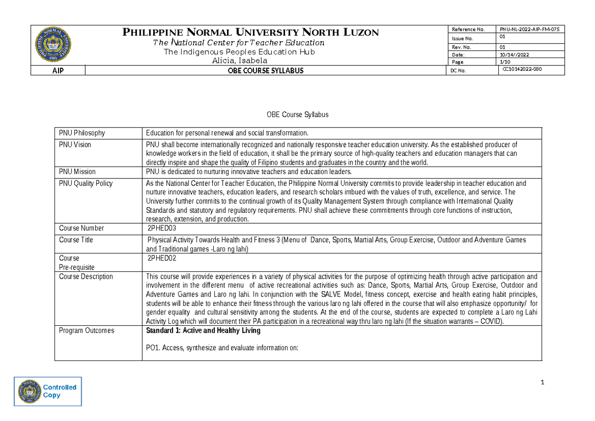 Pathfit 3 Syllabus with controlled copy TERM 3 recent - PHILIPPINE ...