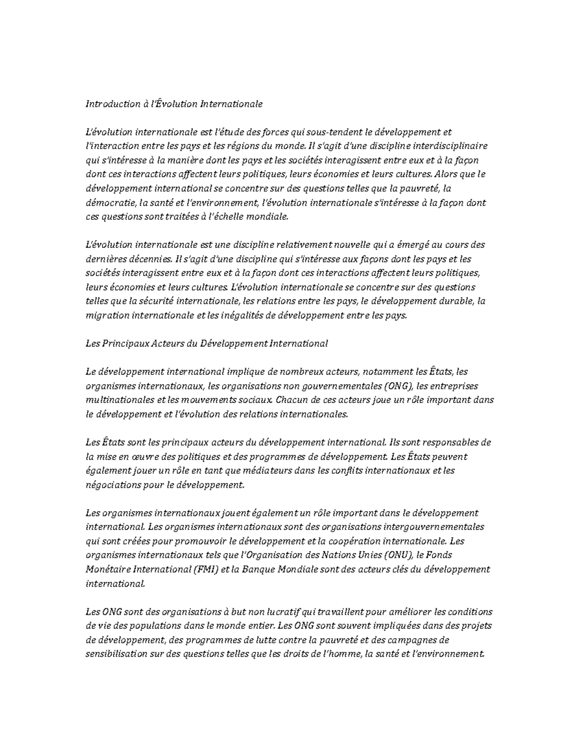 International Development Study Notes - Introduction à l'Évolution ...