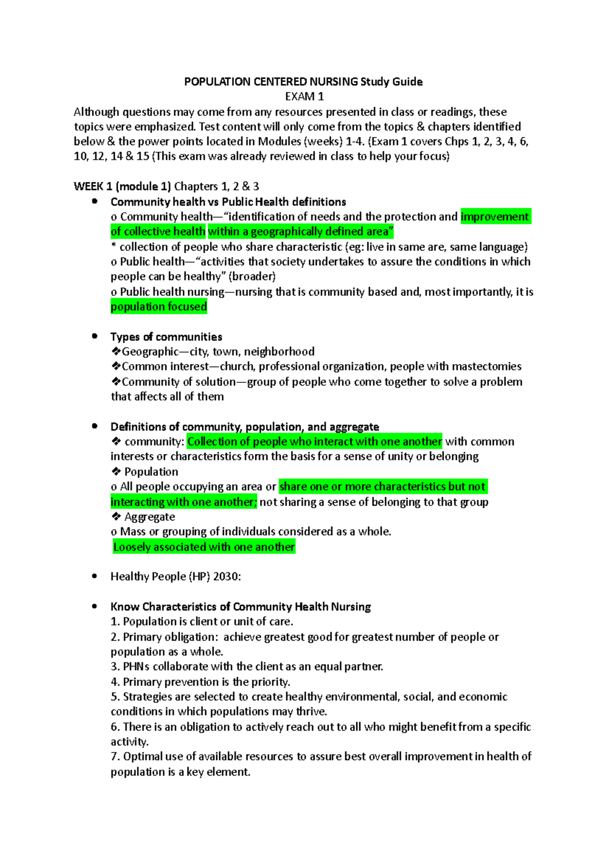 Community Exam 1 - Exam Notes - POPULATION CENTERED NURSING Study Guide ...