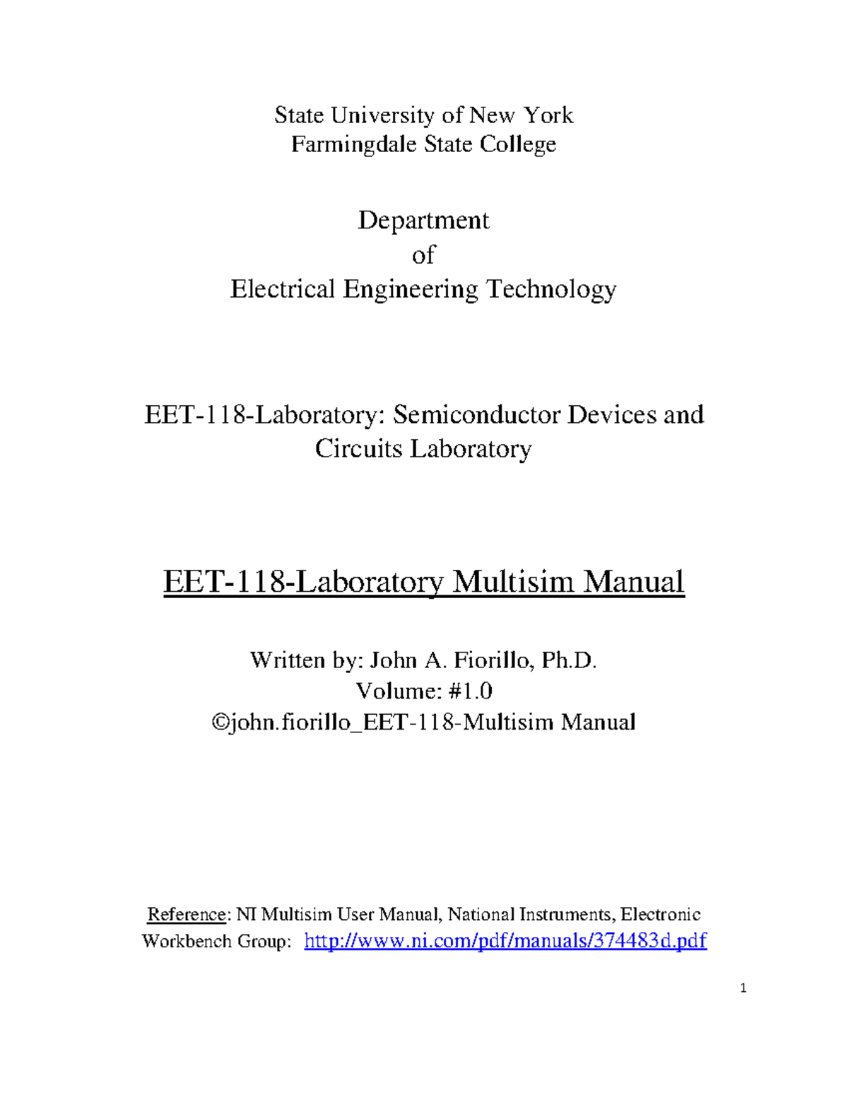Multisim Manual Section 1 State University of New York Farmingdale