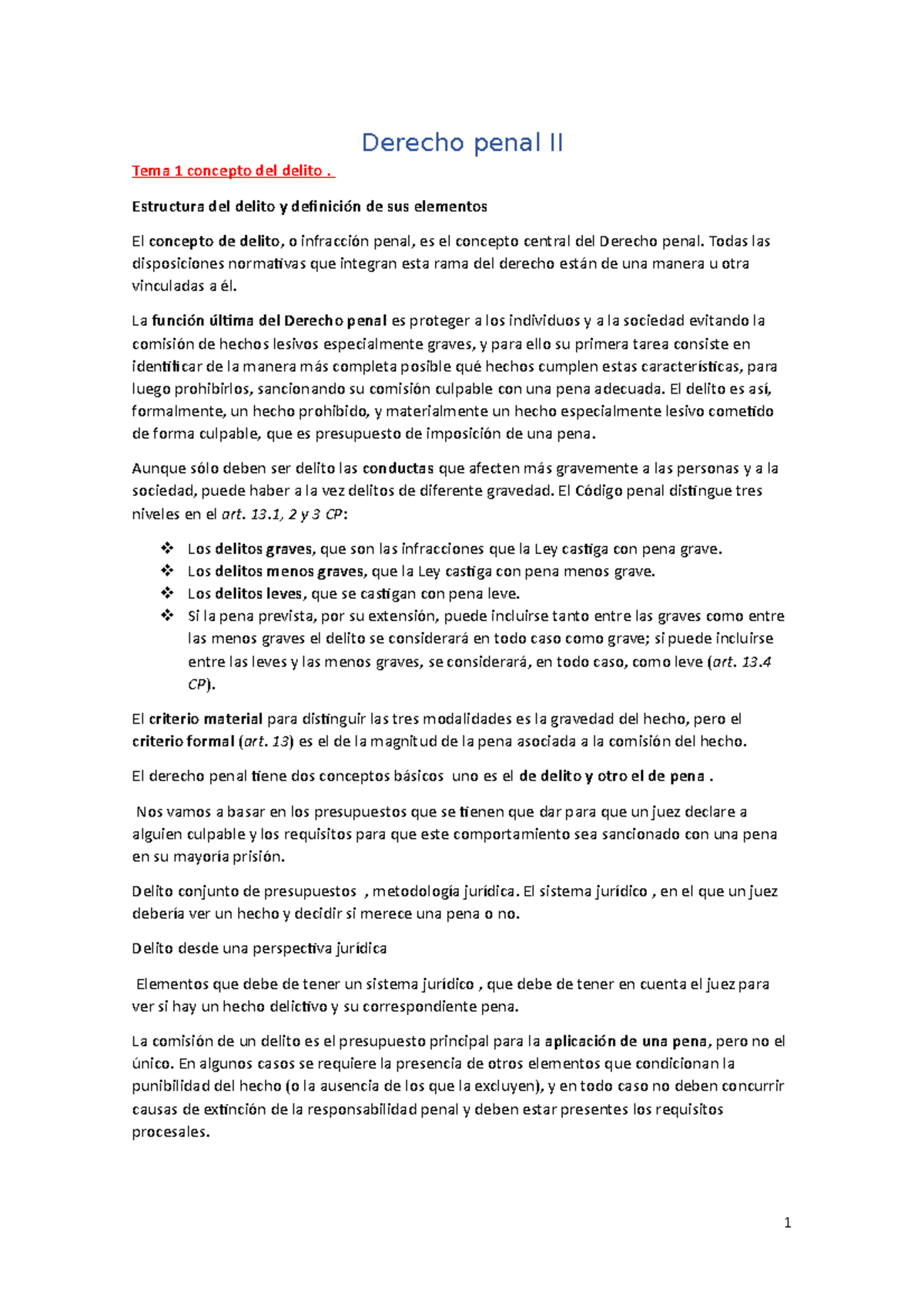 Derecho penal II - Derecho penal II Tema 1 concepto del delito ...