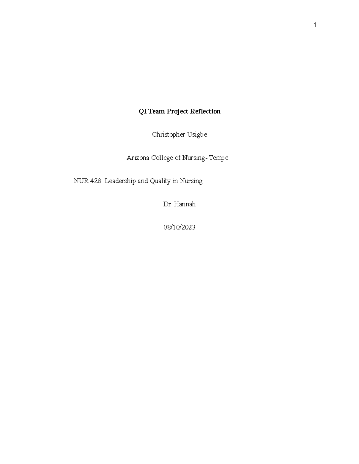 QI team project reflection leadership - QI Team Project Reflection ...