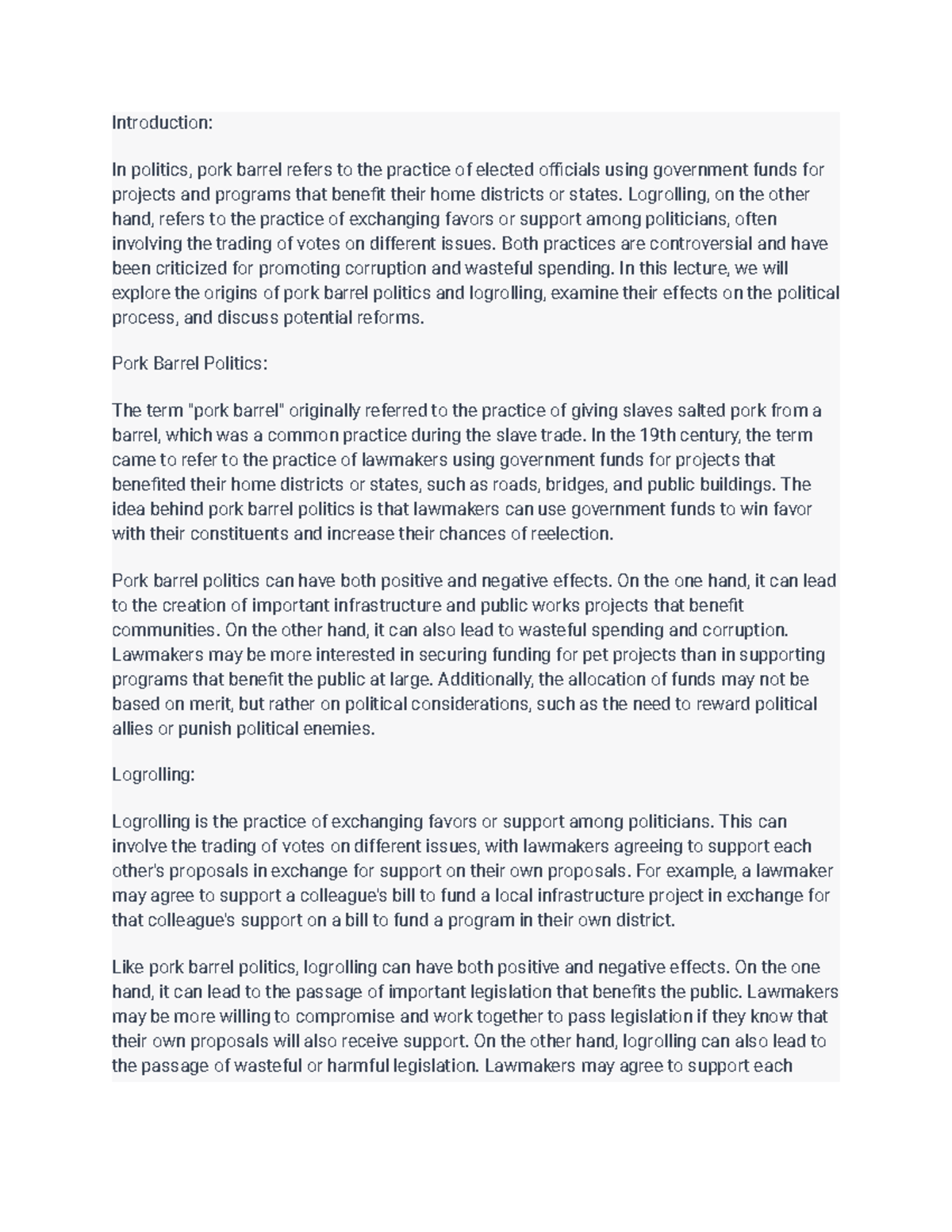 ECON1010 important lecture notes 11 Introduction In politics, pork