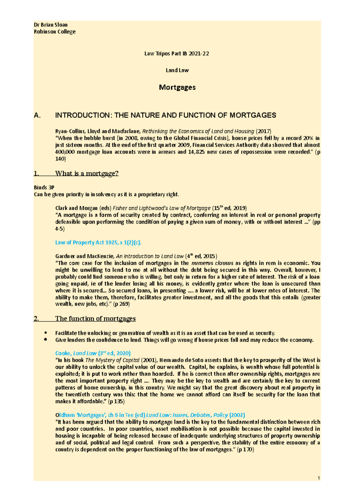LLL10 Mortgages lecture notes Robinson College Law Tripos Part IB